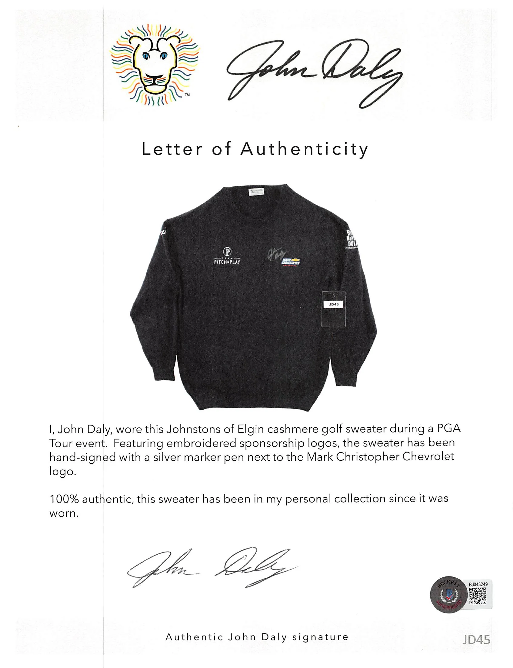 John Daly Signed Match Worn Navy Johnstons of Elgin Cashmere Sweater BAS - Image 5