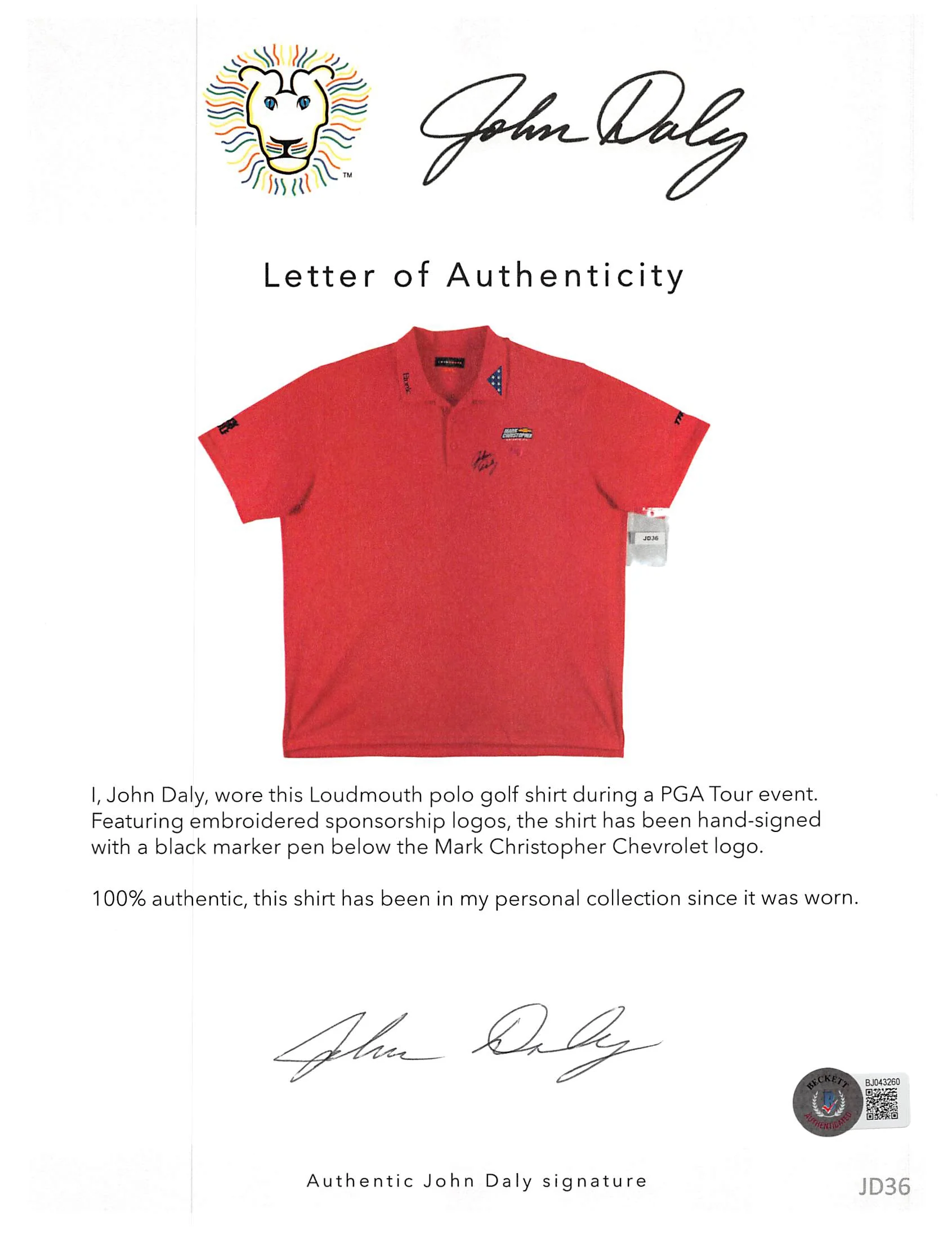 John Daly Signed Match Worn Pink FOH Loudmouth Polo Shirt BAS #JD36BH00342 - Image 6