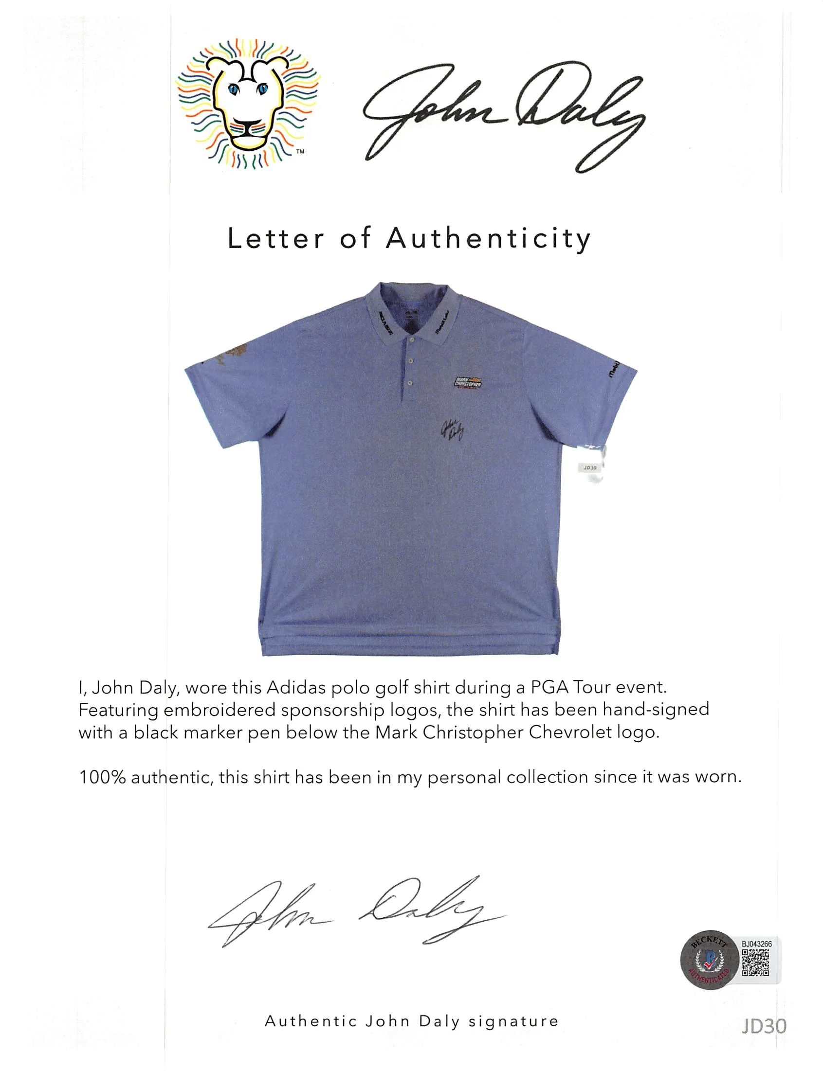 John Daly Signed Match Worn Purple Adidas Climalite Polo Shirt BAS #BH00364 - Image 6