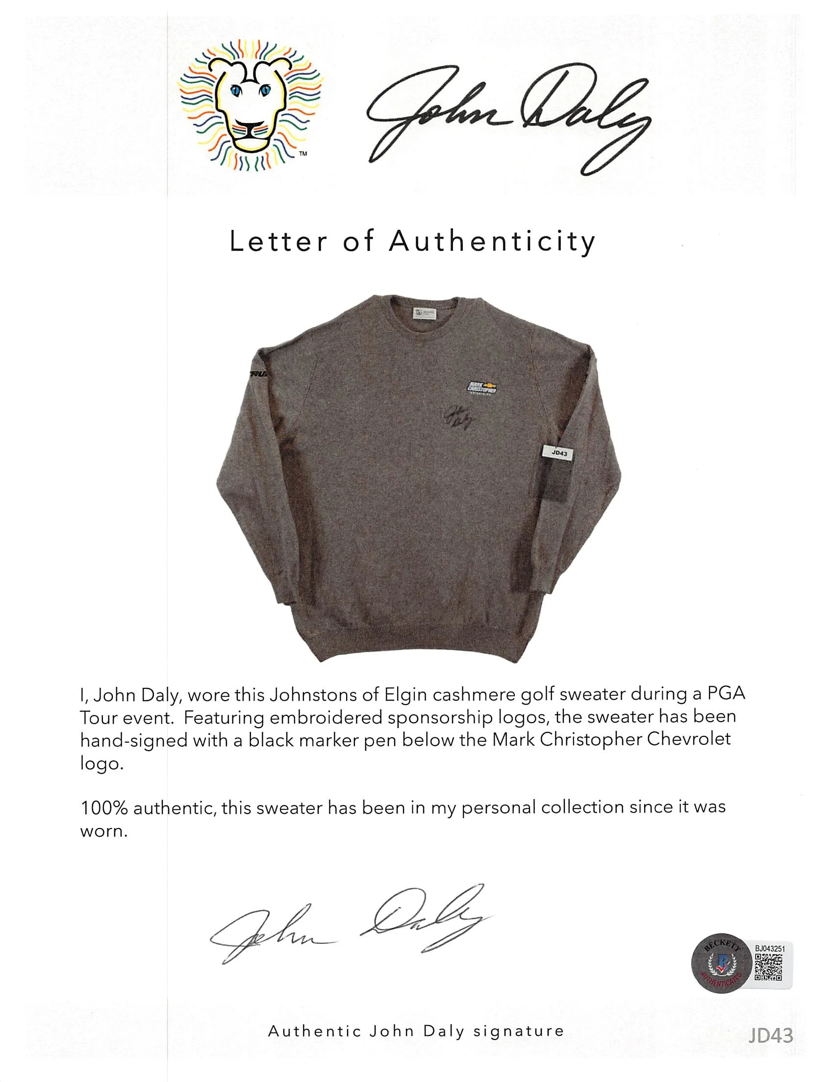 John Daly Signed Match Worn Tan Johnstons of Elgin Cashmere Sweater BAS - Image 5