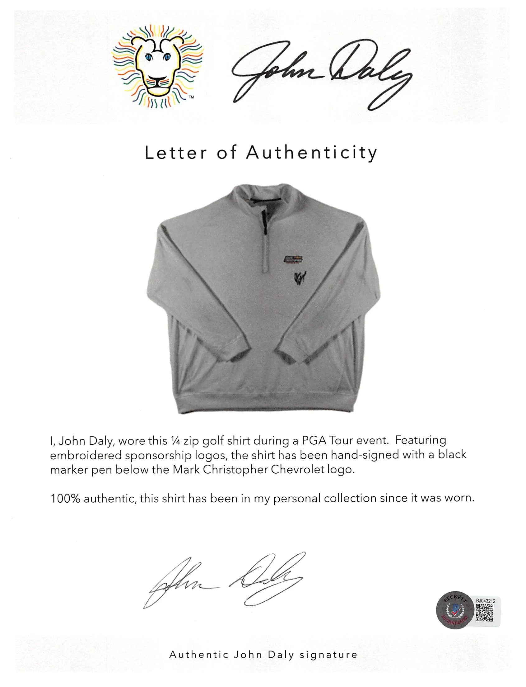 John Daly Signed Match Worn White Adidas Quarter Zip Shirt BAS #BH00335 - Image 8
