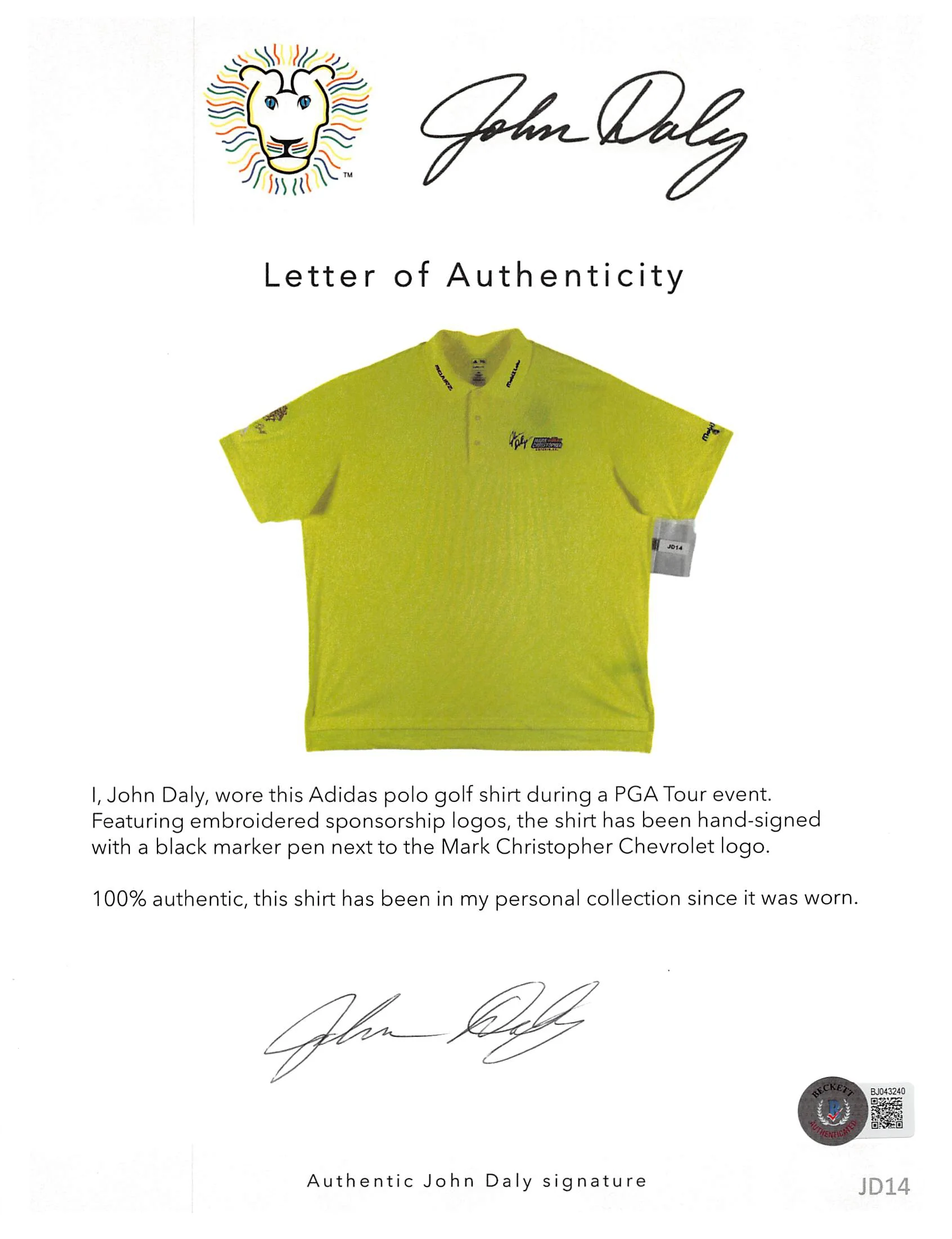 John Daly Signed Match Worn Yellow Adidas Climalite Polo Shirt BAS #BH00367 - Image 6