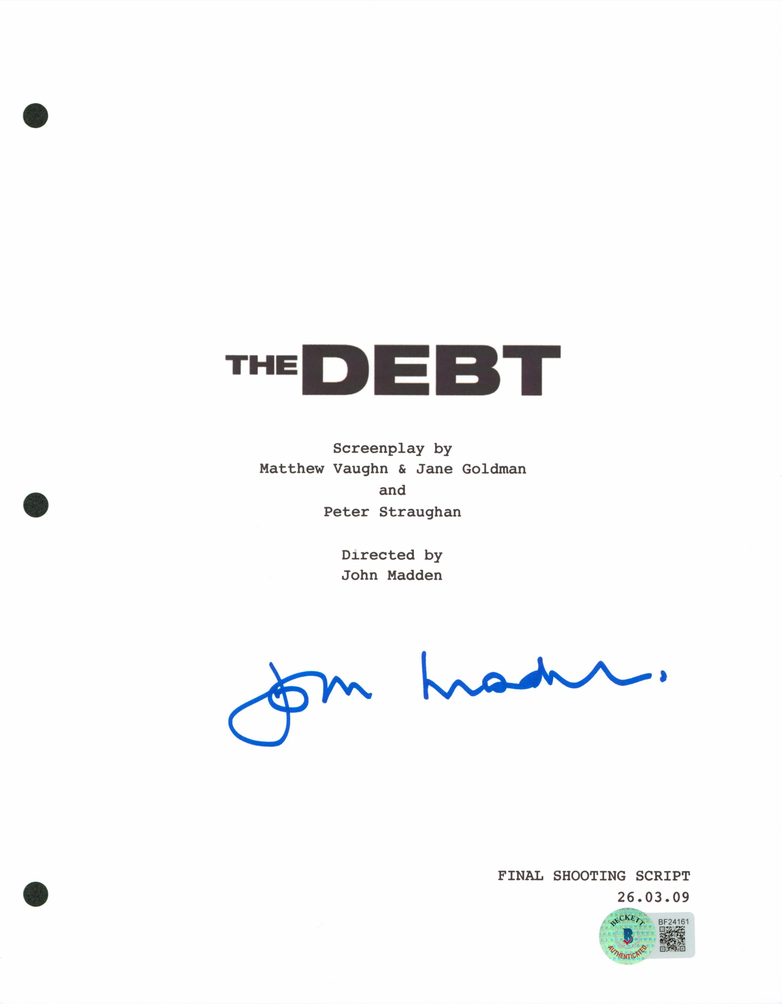 John Madden The Debt Authentic Signed 8.5x11 The Debt Script Cover BAS #BF24161 - Image 2