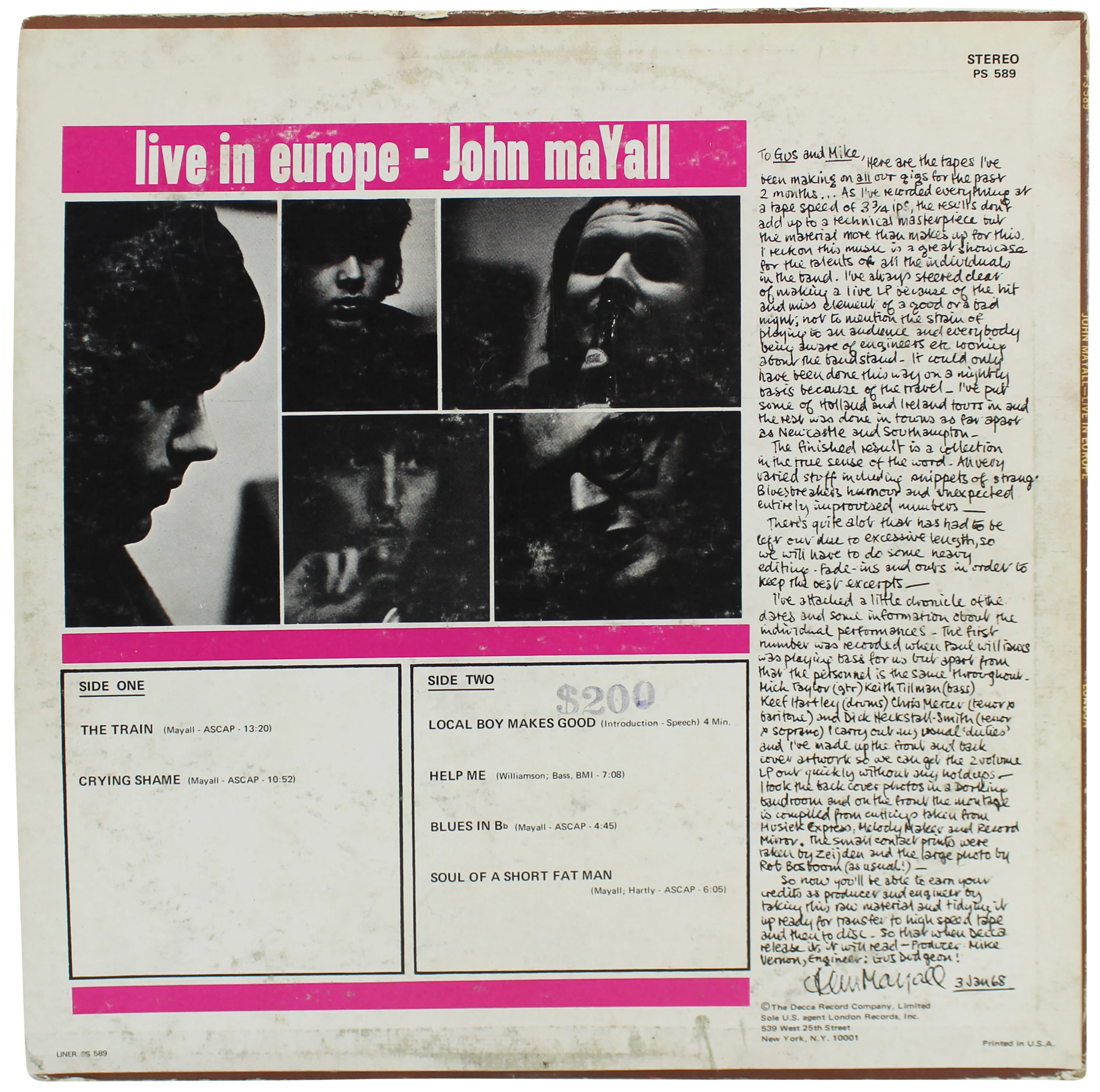 John Mayall Authentic Signed Live In Europe Album Cover W/ Vinyl PSA/DNA #S80783 - Image 4
