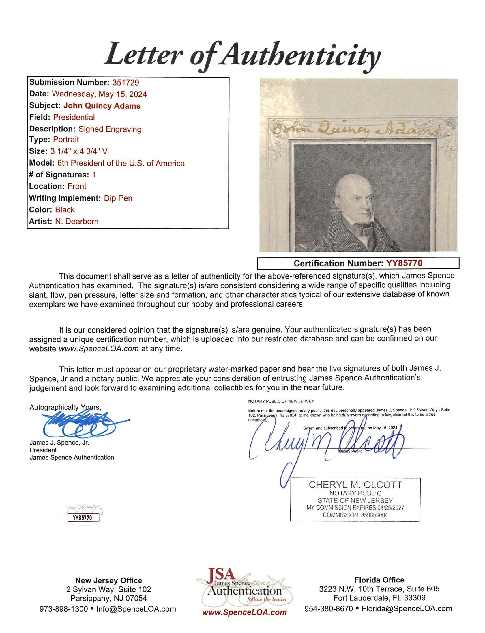 John Quincy Adams Authentic Signed 3.25x4.5 Engraving Photo JSA #YY85770 - Image 3
