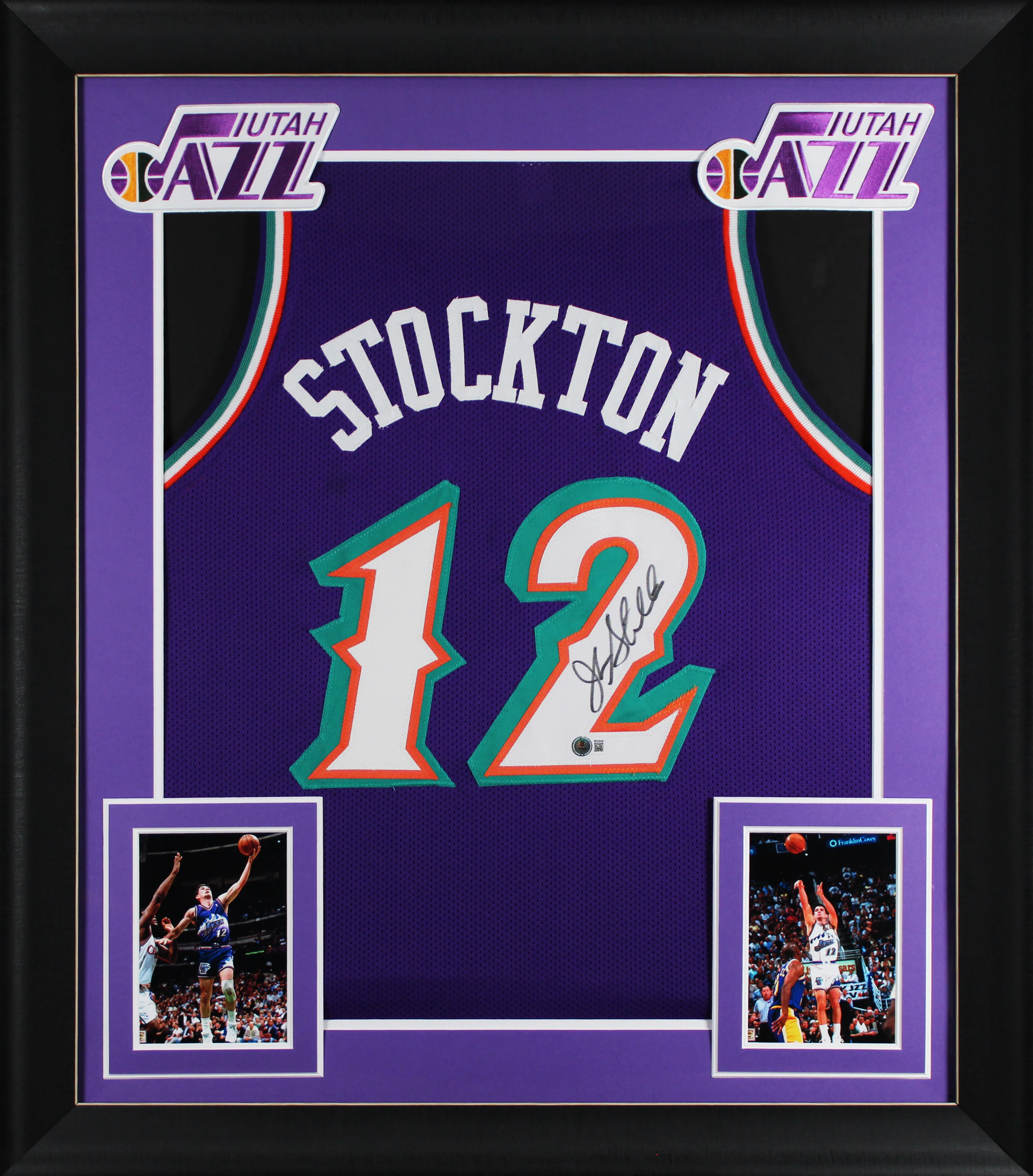 John Stockton Authentic Signed Purple Pro Style Framed Jersey BAS Witnessed - Image 2