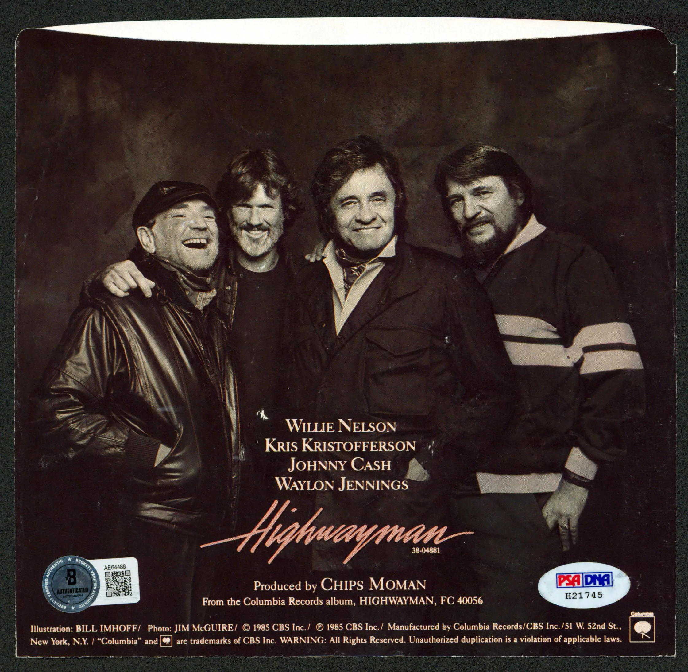 Johnny Cash The Highwaymen Authentic Signed 45 RPM Album Cover BAS #AE64488 - Image 3