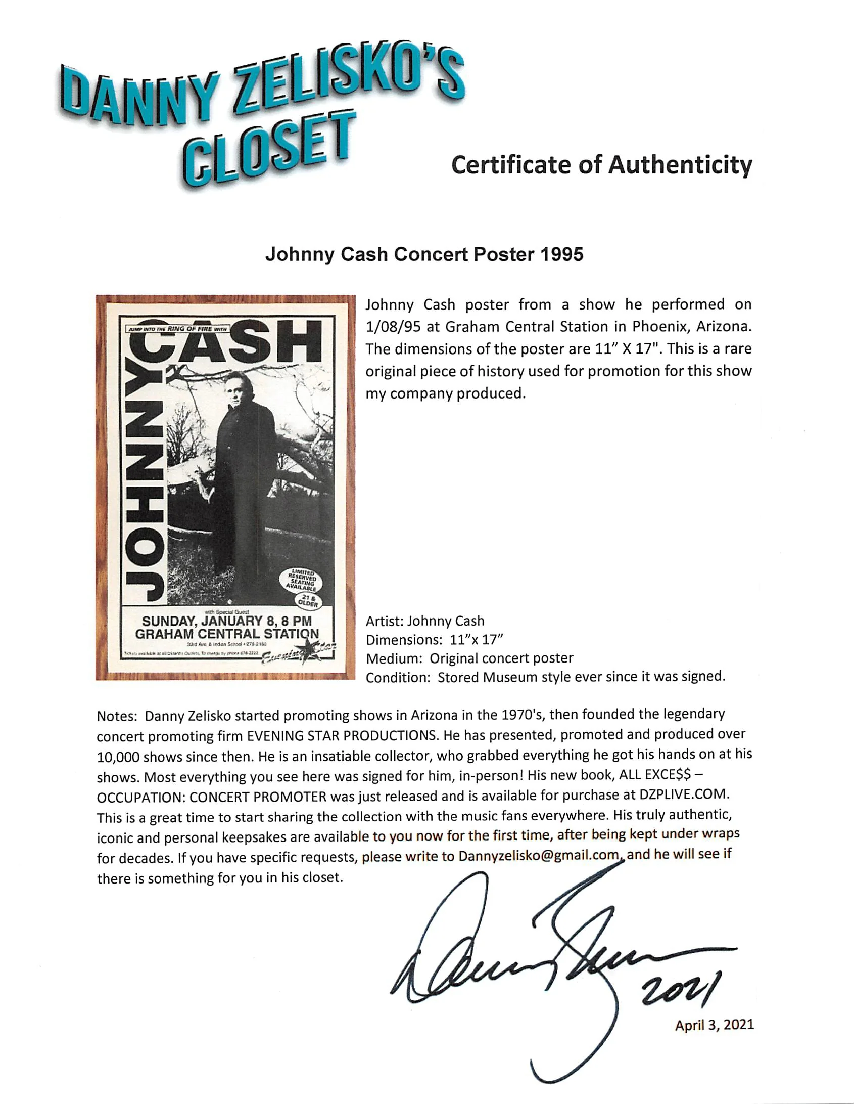 Johnny Cash Vintage January 8, 1995 11x17 Concert Poster Unsigned - Image 3