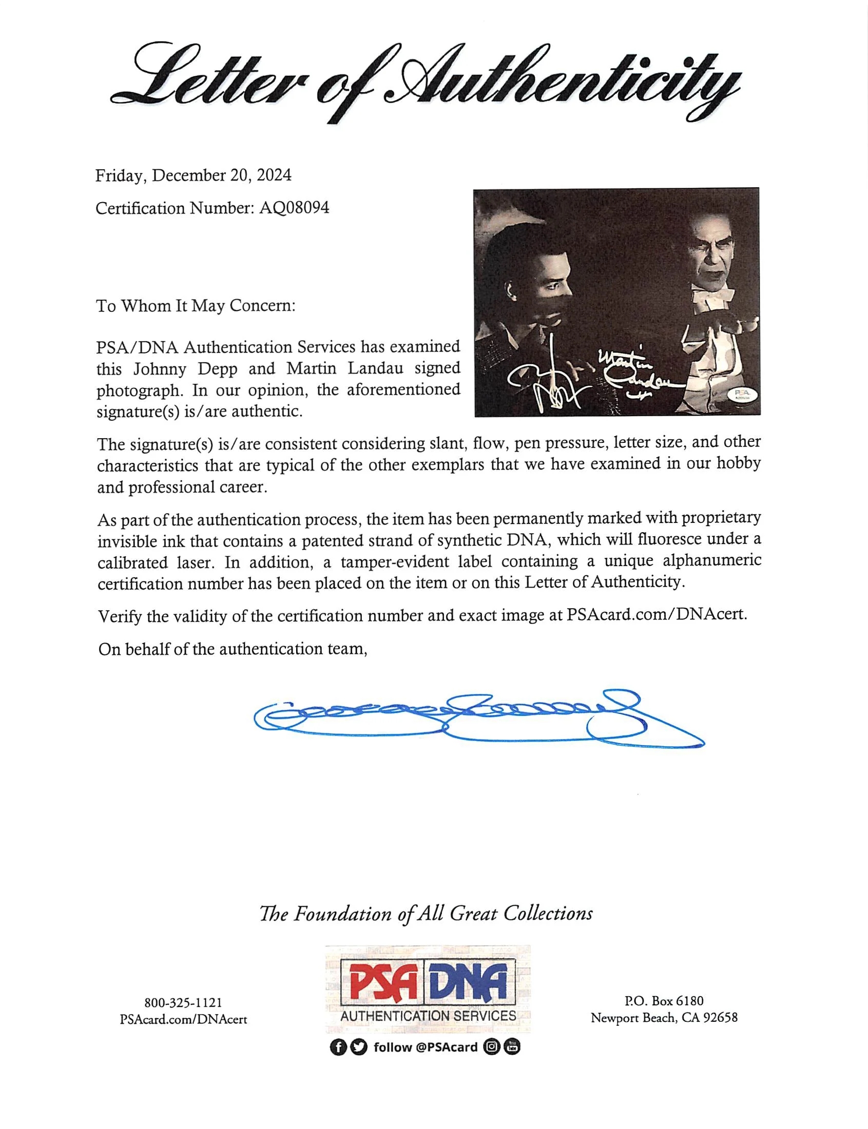 Johnny Depp & Martin Landau Ed Wood Authentic Signed 8x10 Photo PSA/DNA #AQ08094 - Image 3