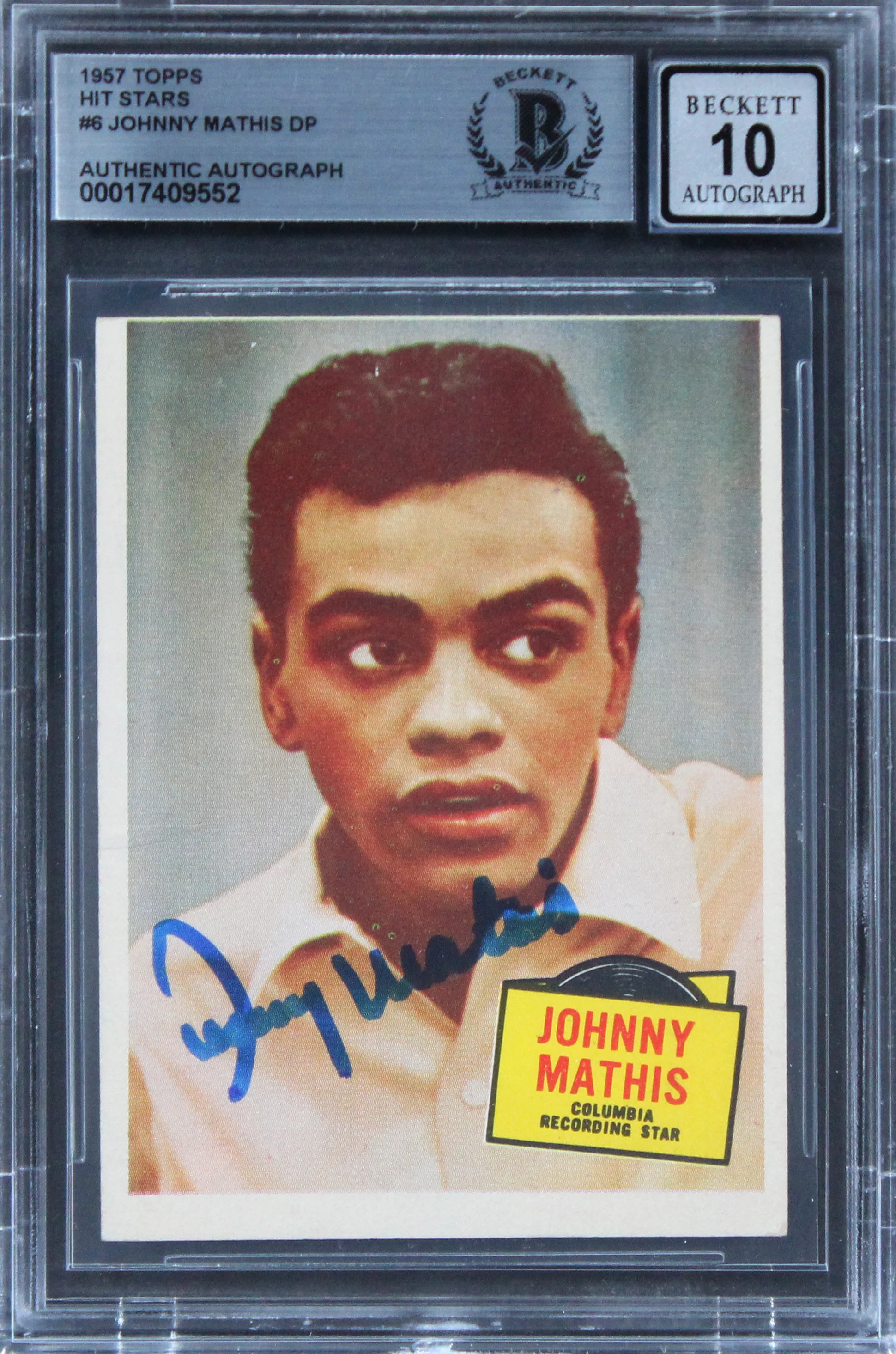 Johnny Mathis Authentic Signed 1957 Topps Hit Stars #6 Card Auto 10! BAS Slabbed