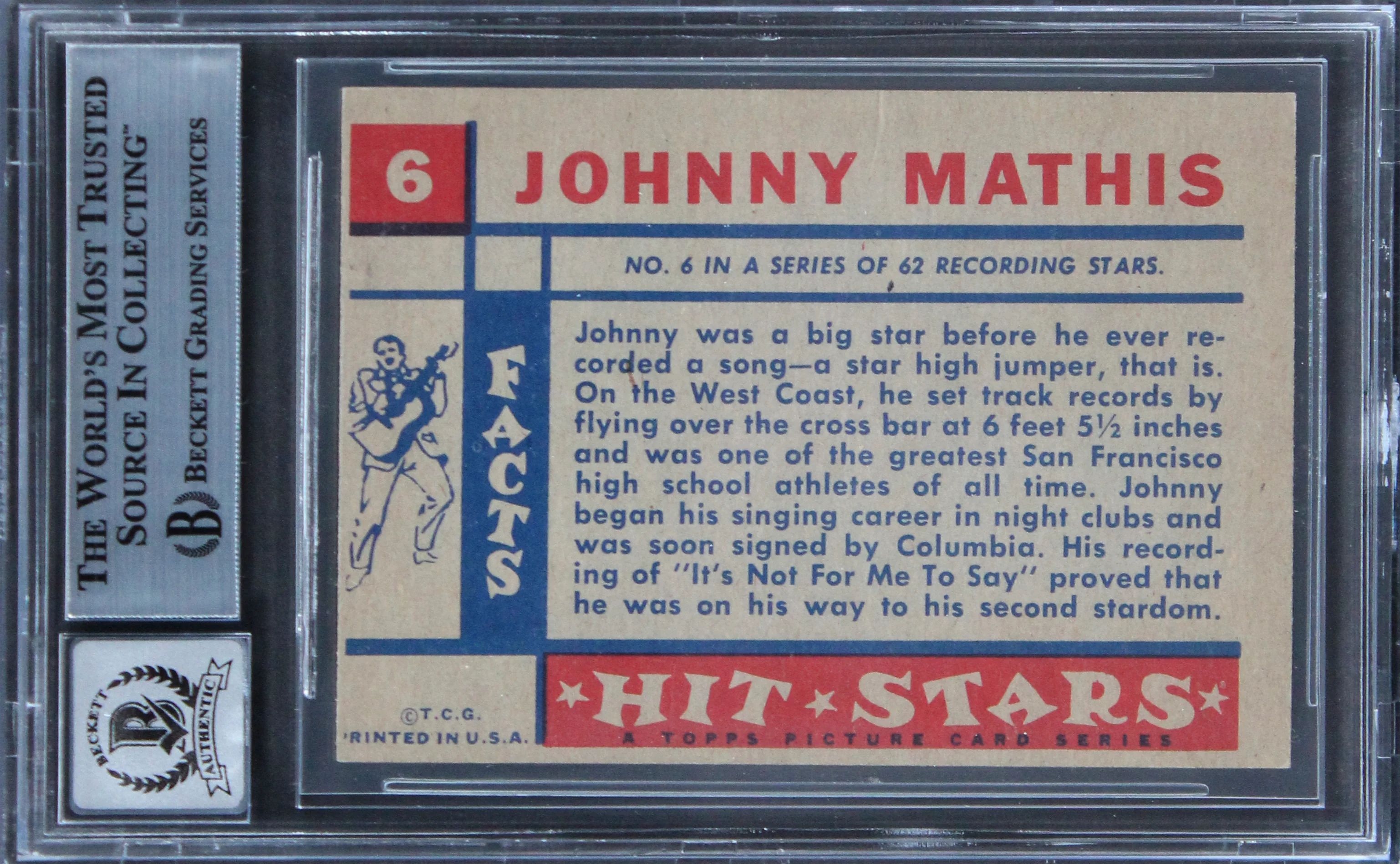 Johnny Mathis Authentic Signed 1957 Topps Hit Stars #6 Card Auto 10! BAS Slabbed - Image 3