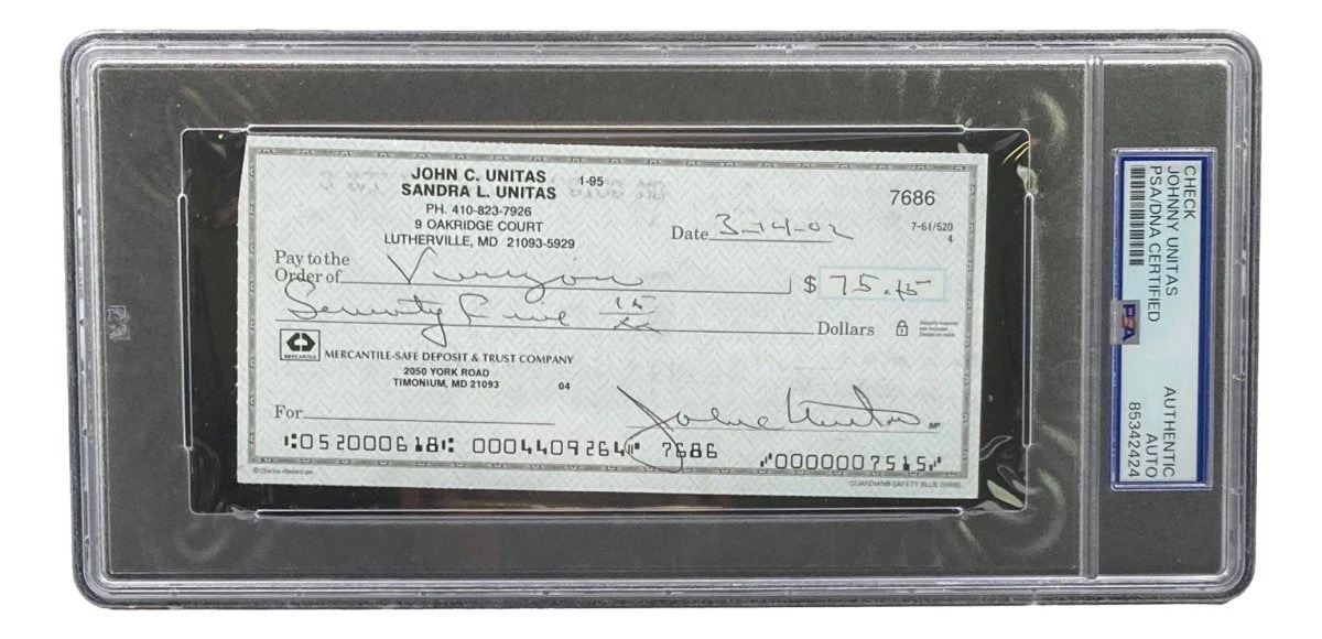 Johnny Unitas Baltimore Colts Signed Bank Check #7686 PSA/DNA