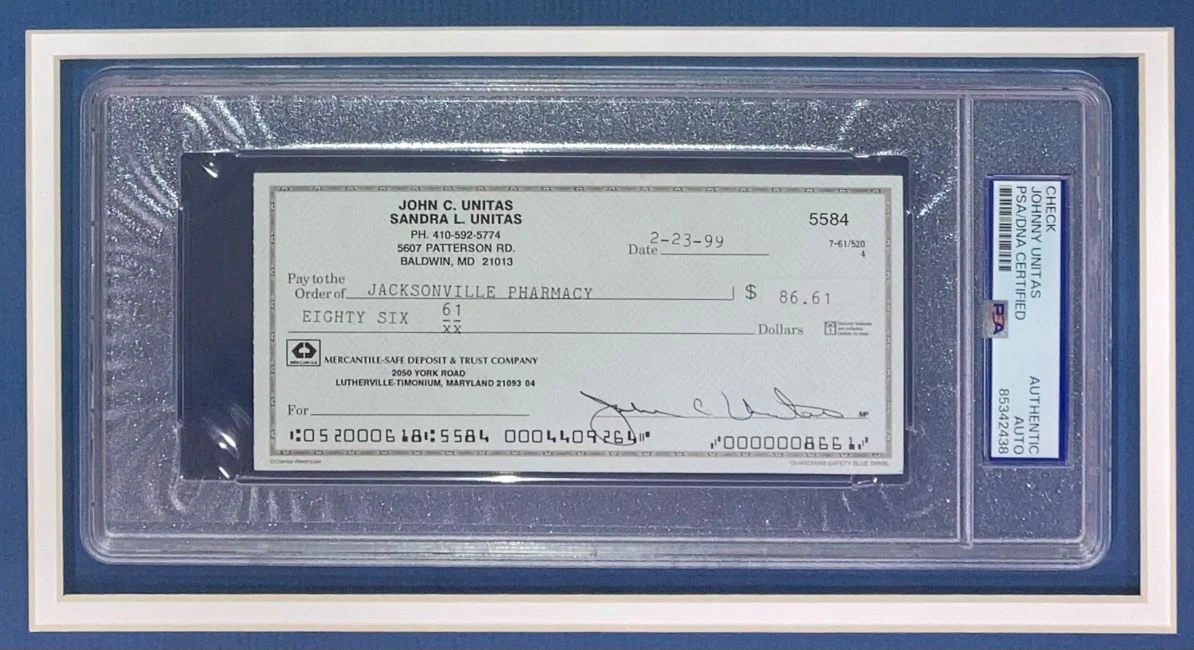 Johnny Unitas Baltimore Colts Signed Framed Bank Check #5584 PSA - Image 2
