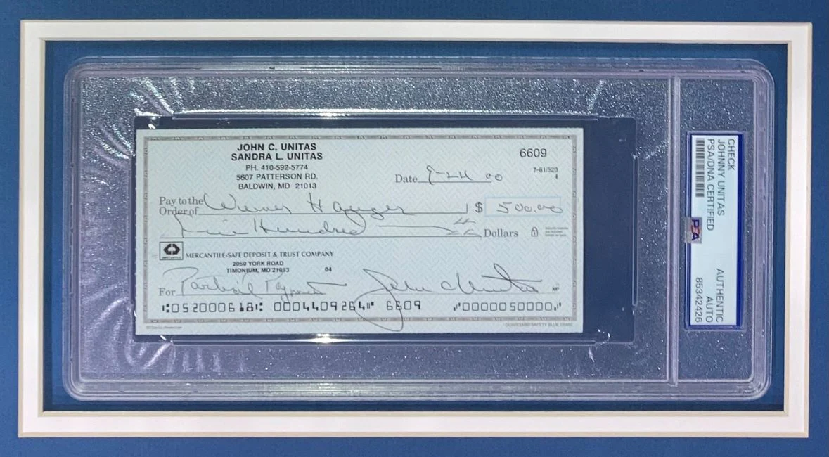 Johnny Unitas Baltimore Colts Signed Framed Bank Check #6609 PSA - Image 2
