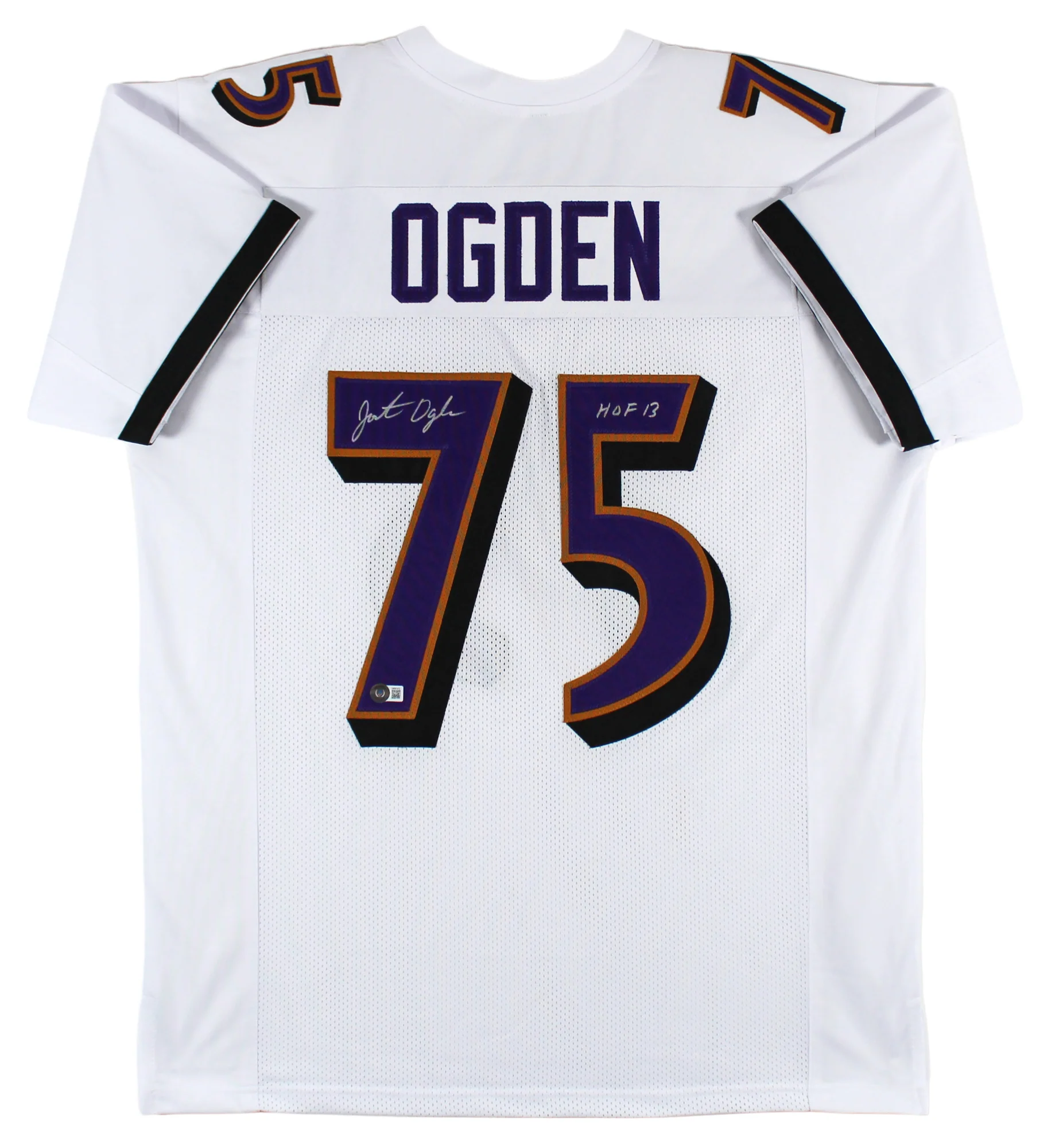 Jonathan Ogden "HOF 13" Authentic Signed White Pro Style Jersey BAS Witnessed - Image 2