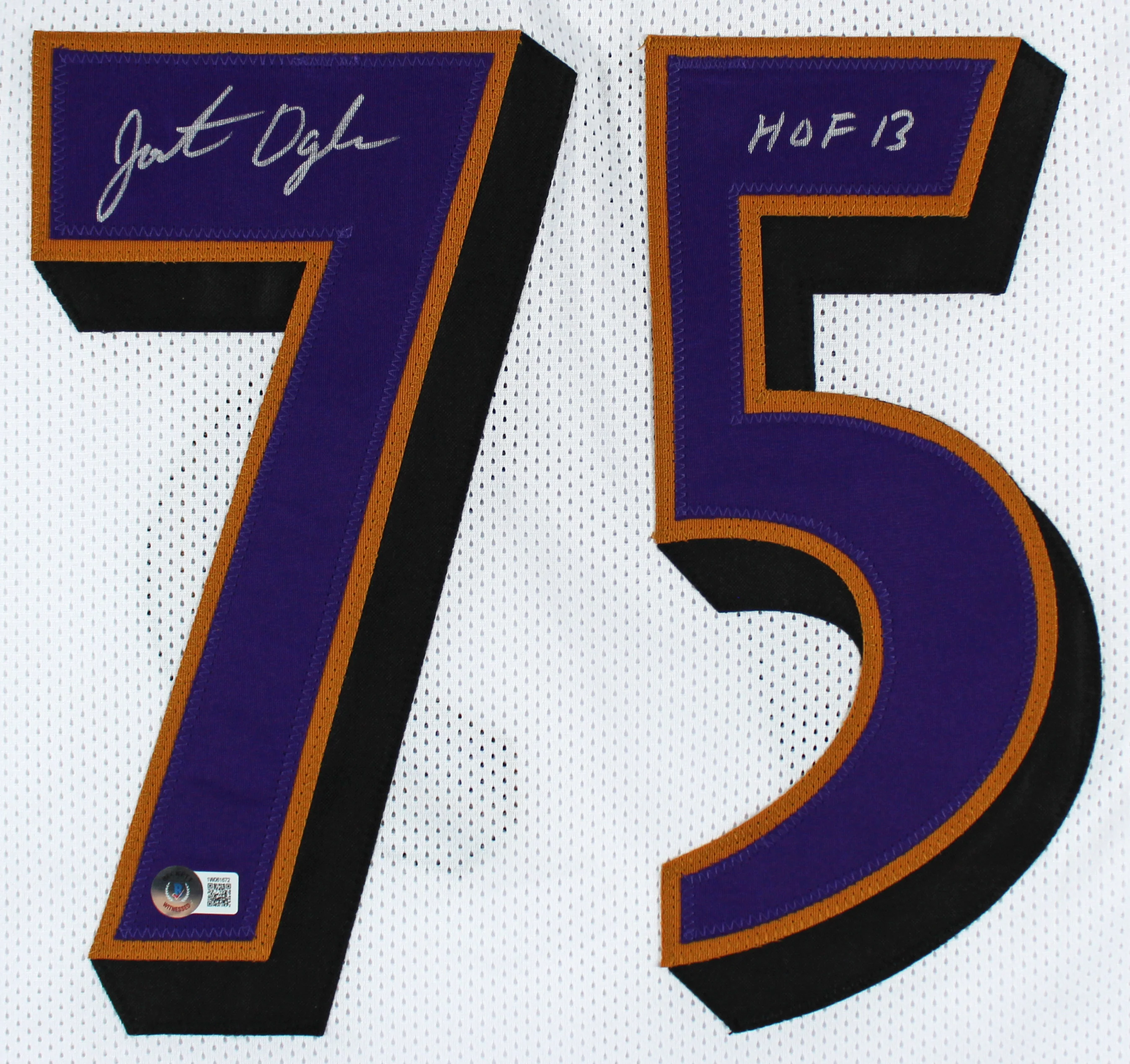 Jonathan Ogden "HOF 13" Authentic Signed White Pro Style Jersey BAS Witnessed - Image 3