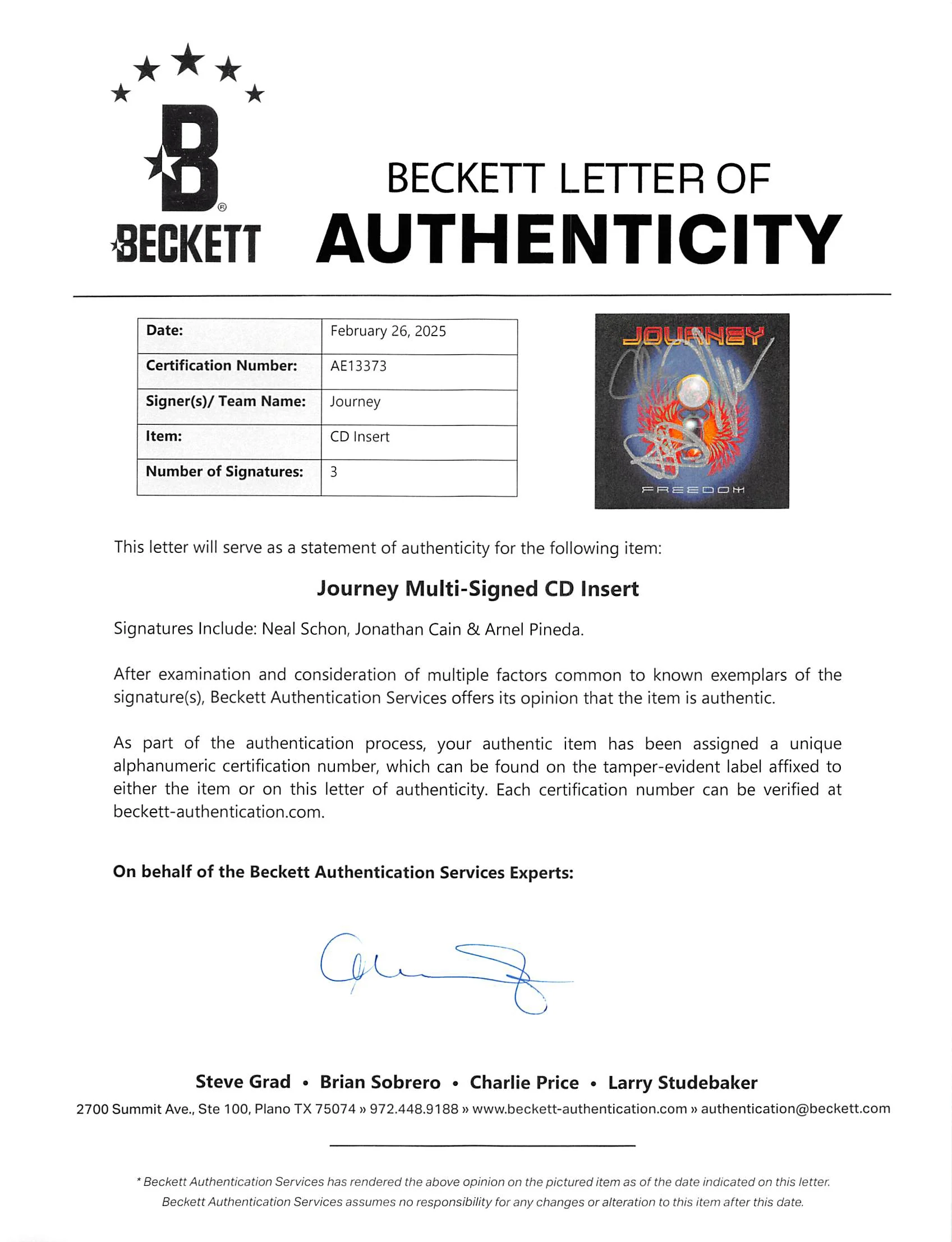 Journey (3) Schon, Cain & Pineda Signed Freedom CD Insert w/ Disk BAS #AE13373 - Image 7