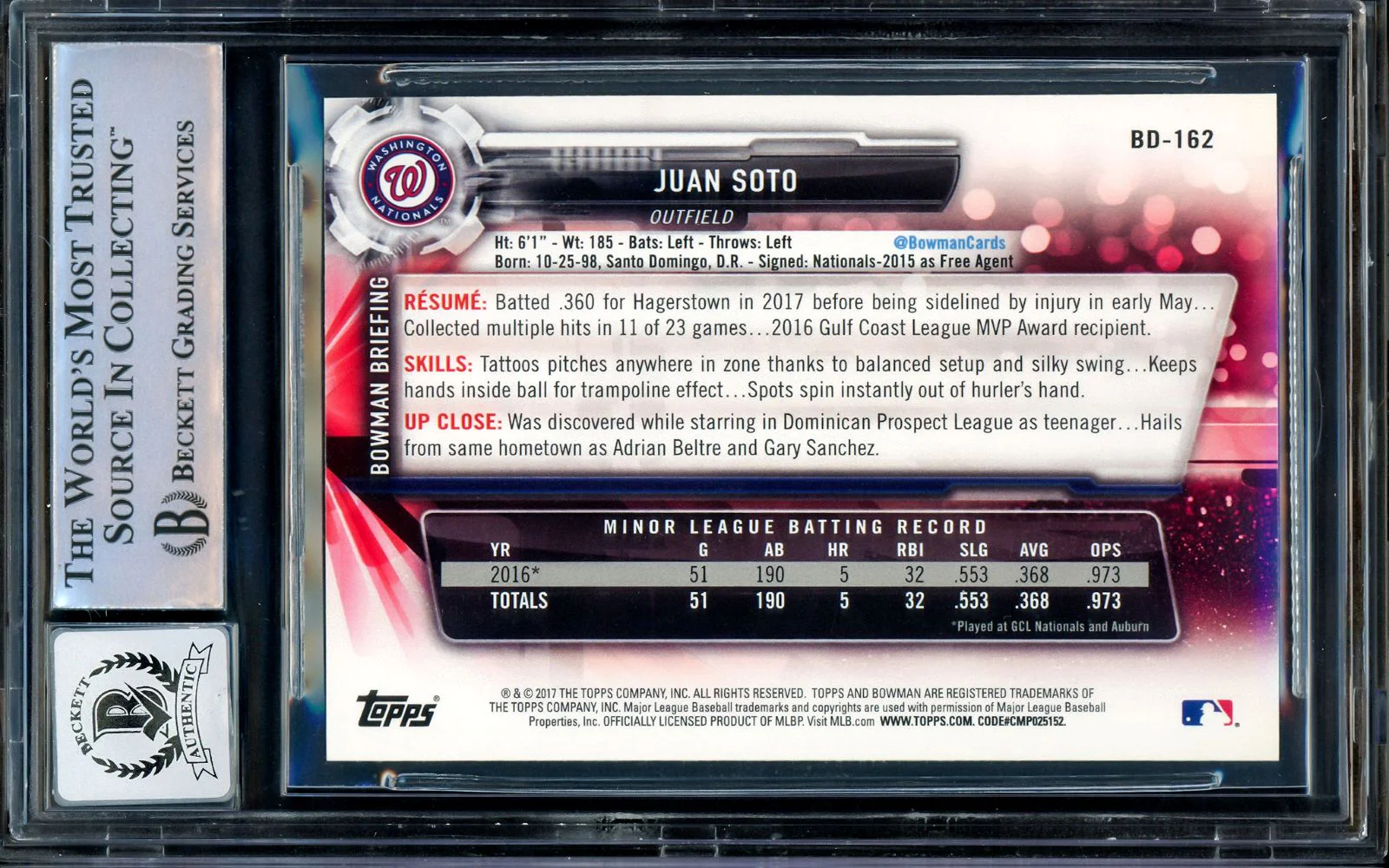 Juan Soto Signed 2017 Bowman Draft #BD162 Nationals Rookie Card BAS Auto 10 - Image 2