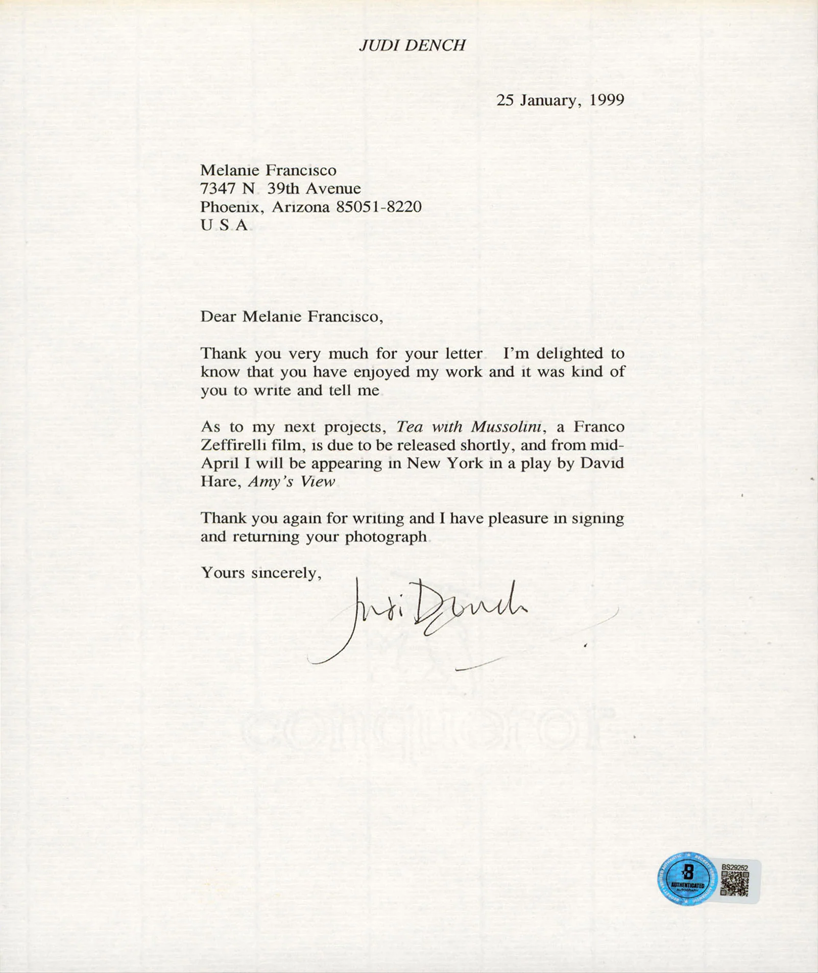 Judi Dench James Bond 007 Authentic Signed 8.5x11 Letter BAS #BS29252 - Image 2