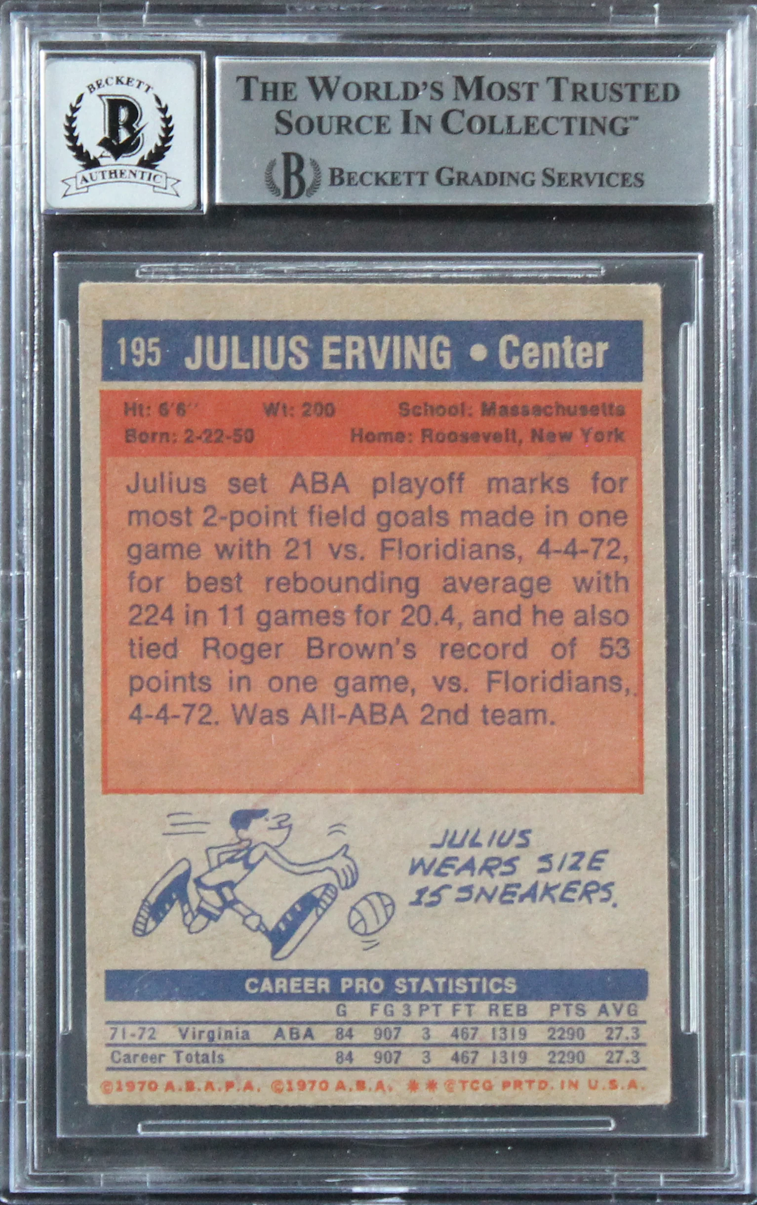 Julius Erving "HOF 93" Signed 1972 Topps #195 Rookie Card Auto 10 BAS Slab 3 - Image 3