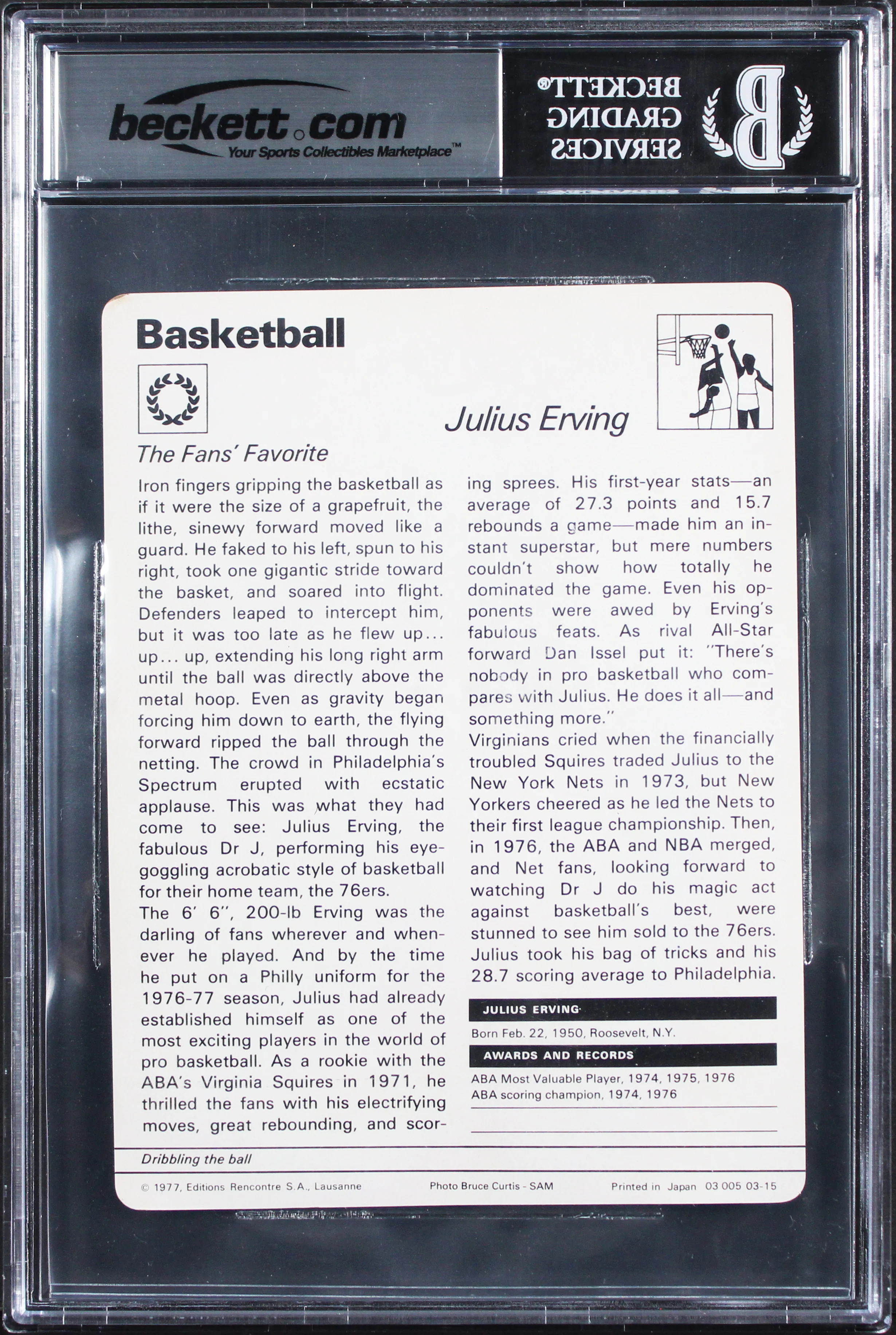 Julius Erving Signed 1977 SS 3 #315 Rookie 4.5x6.25 Card Auto GM 10! BAS Slabbed - Image 3