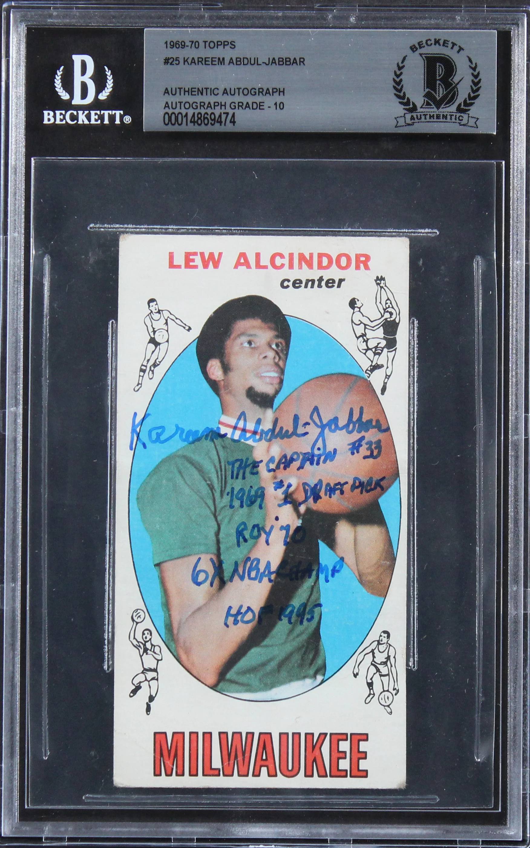 Kareem Abdul-Jabbar "Career Stat" Signed 1969 Topps #25 RC Card Auto 10 BAS Slab