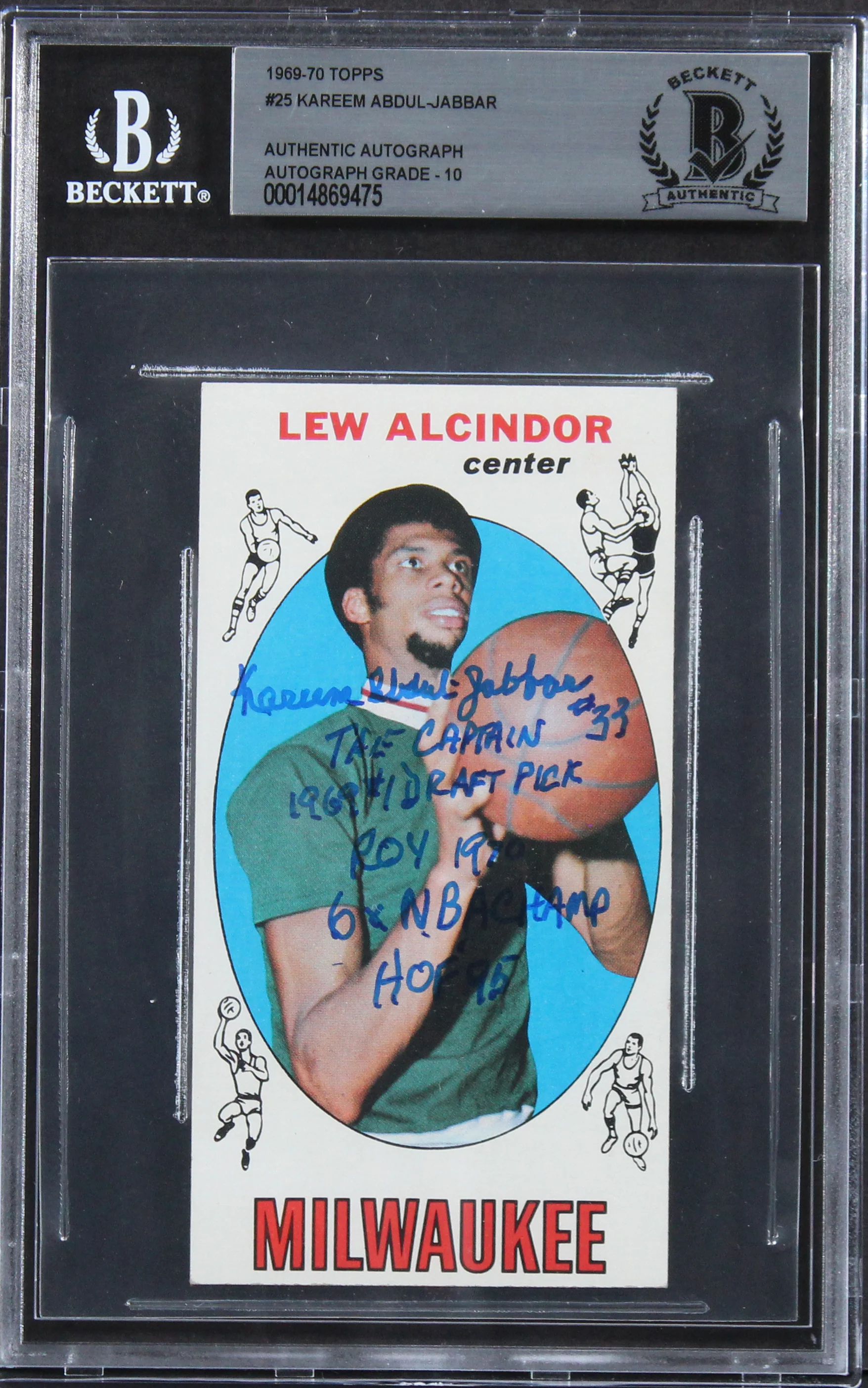 Kareem Abdul-Jabbar "Career Stat" Signed 1969 Topps #25 RC Card Auto 10 BAS Slab - Image 2