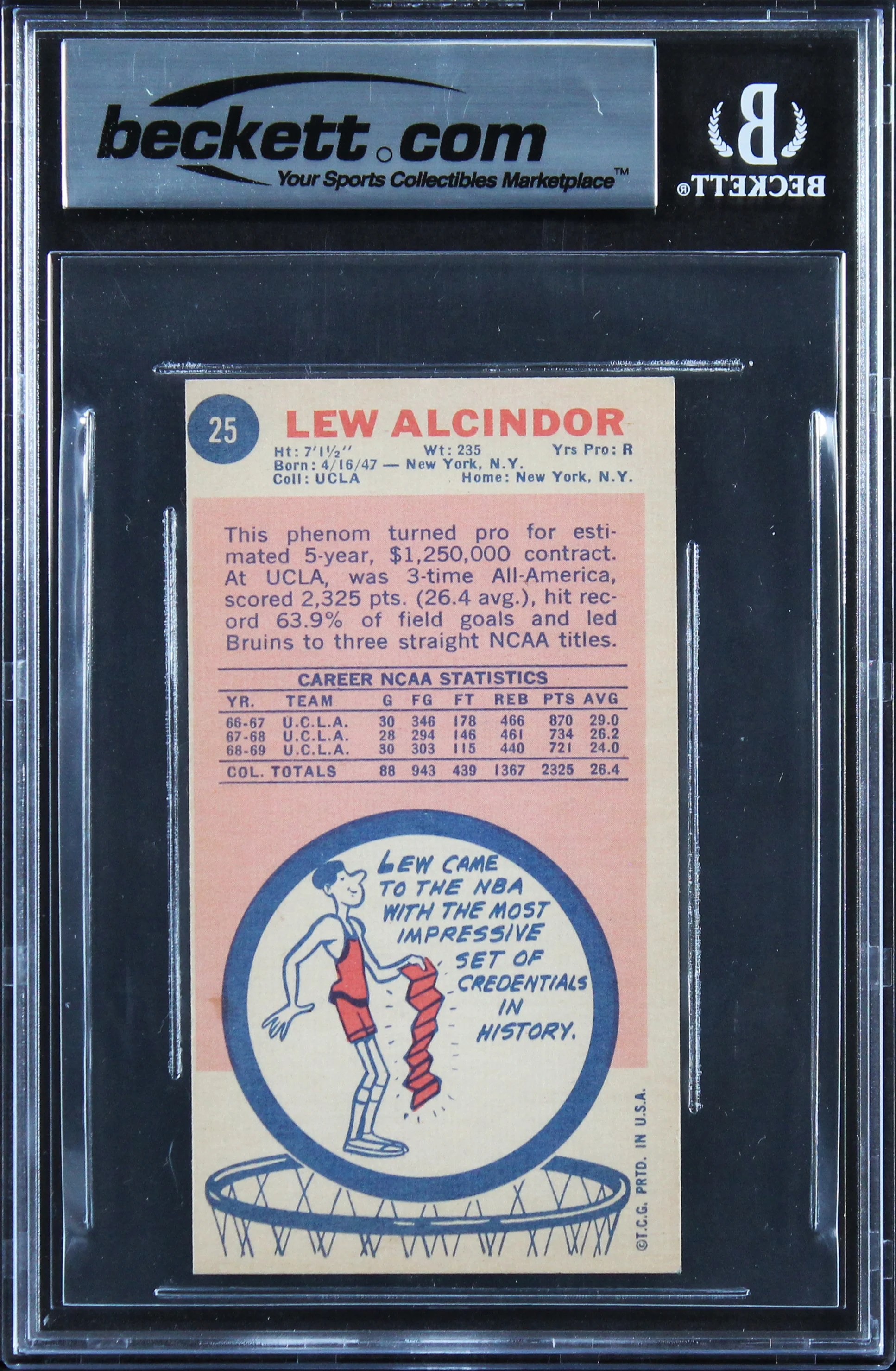 Kareem Abdul-Jabbar "Career Stat" Signed 1969 Topps #25 RC Card Auto 10 BAS Slab - Image 3