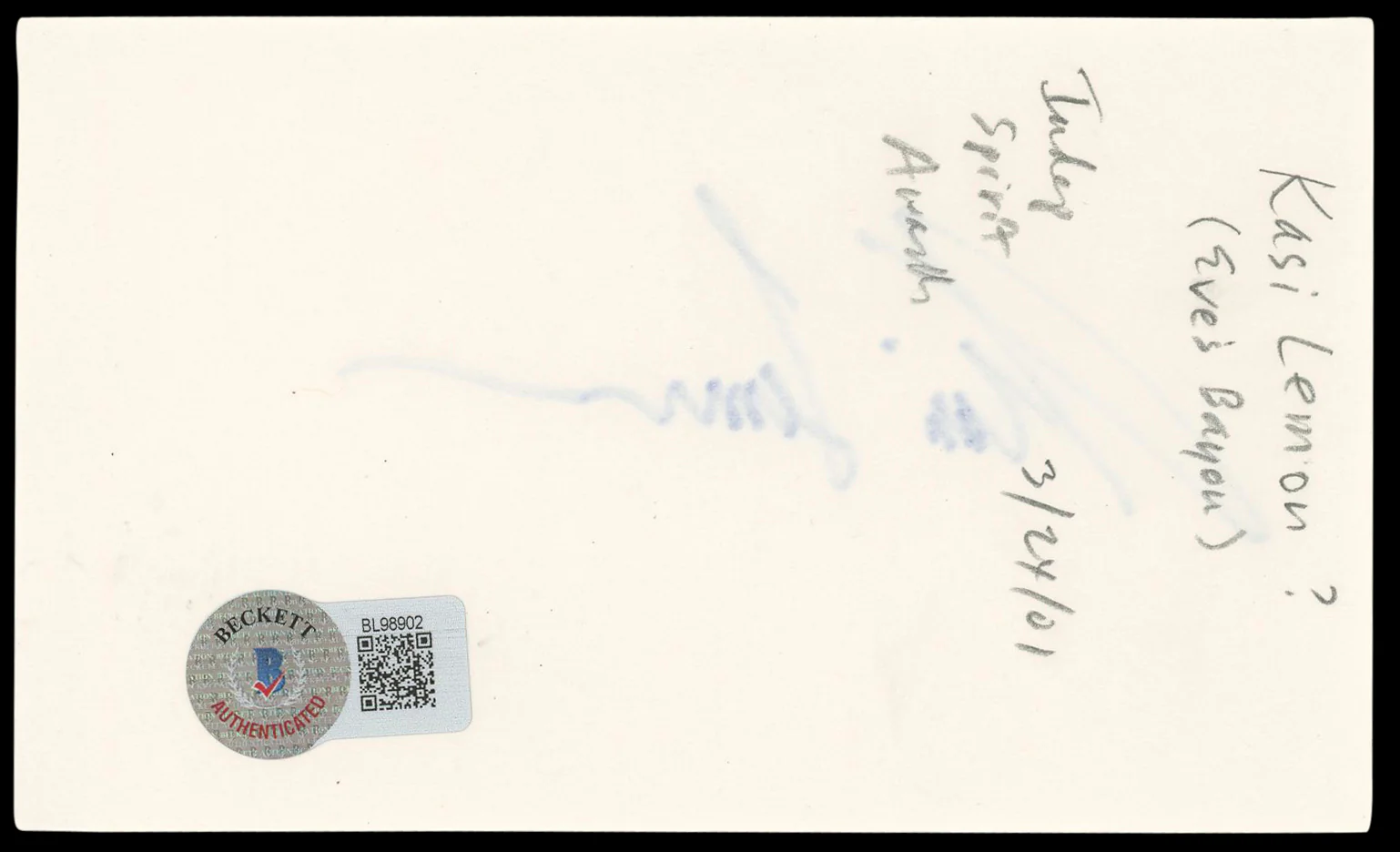 Kasi Lemmons Eve's Bayou Authentic Signed 3x5 Index Card BAS #BL98902 - Image 3