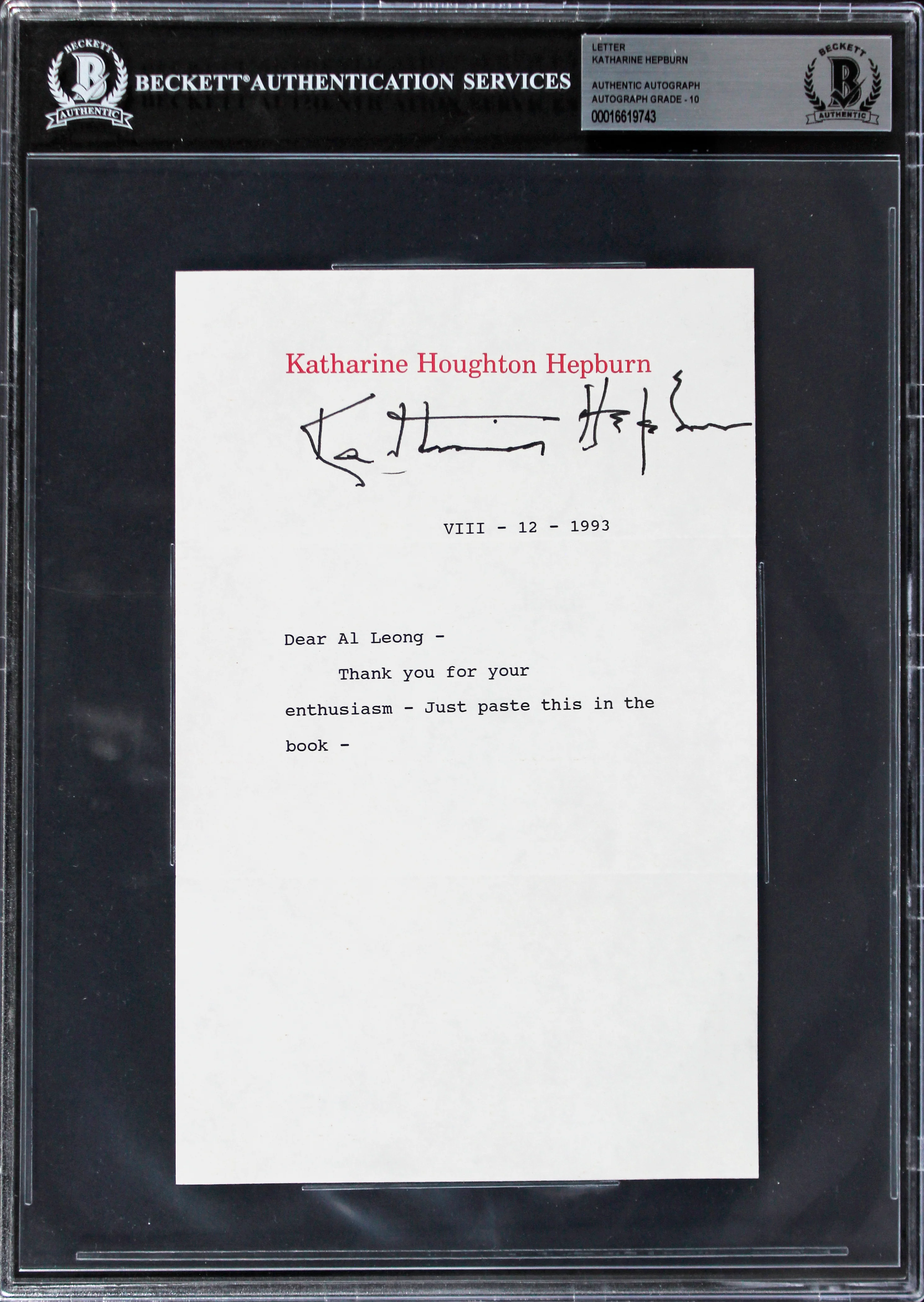 Katharine Hepburn Little Women Signed 5.5x8.5 Letter Auto Graded 10! BAS Slabbed - Image 2