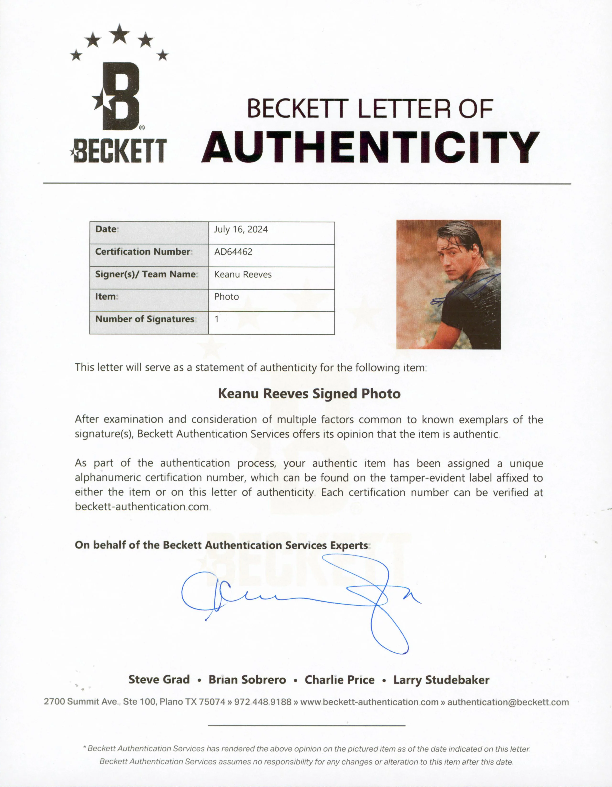 Keanu Reaves Point Break Authentic Signed 8x10 Photo Autographed BAS #AD64462 - Image 4
