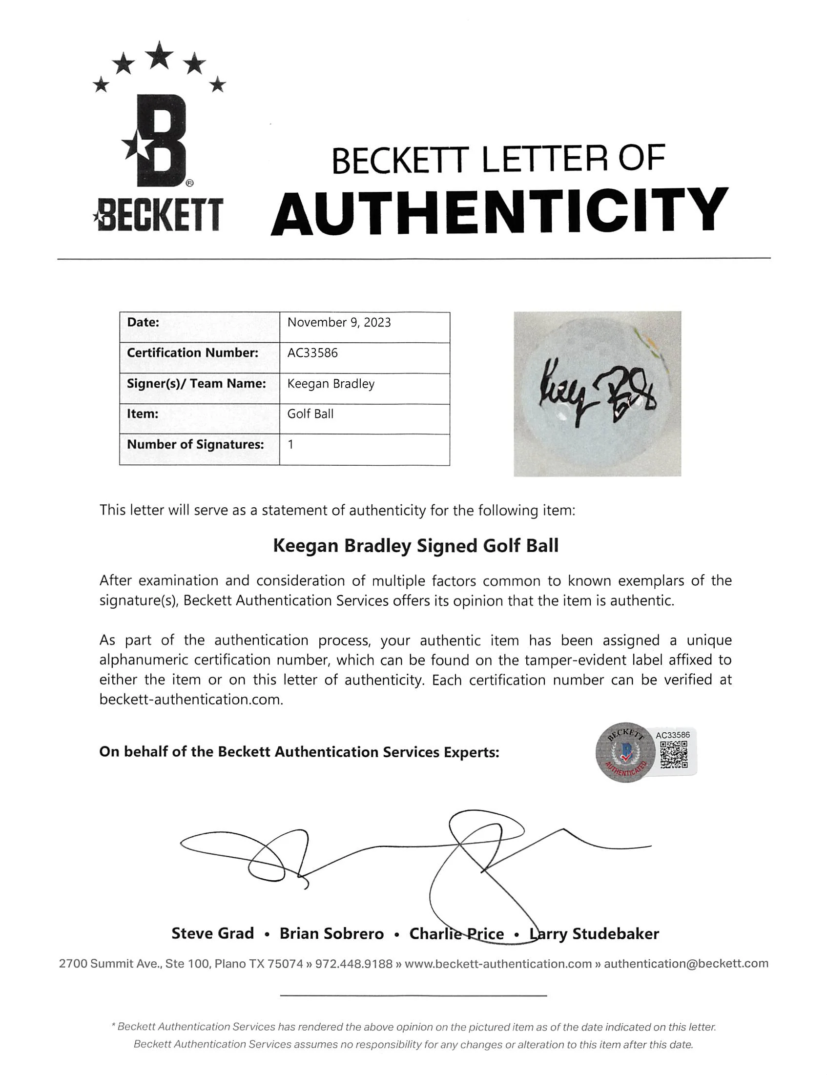 Keegan Bradley Signed WM Open Logo Bridgestone Golf Ball BAS #AC33586 - Image 5