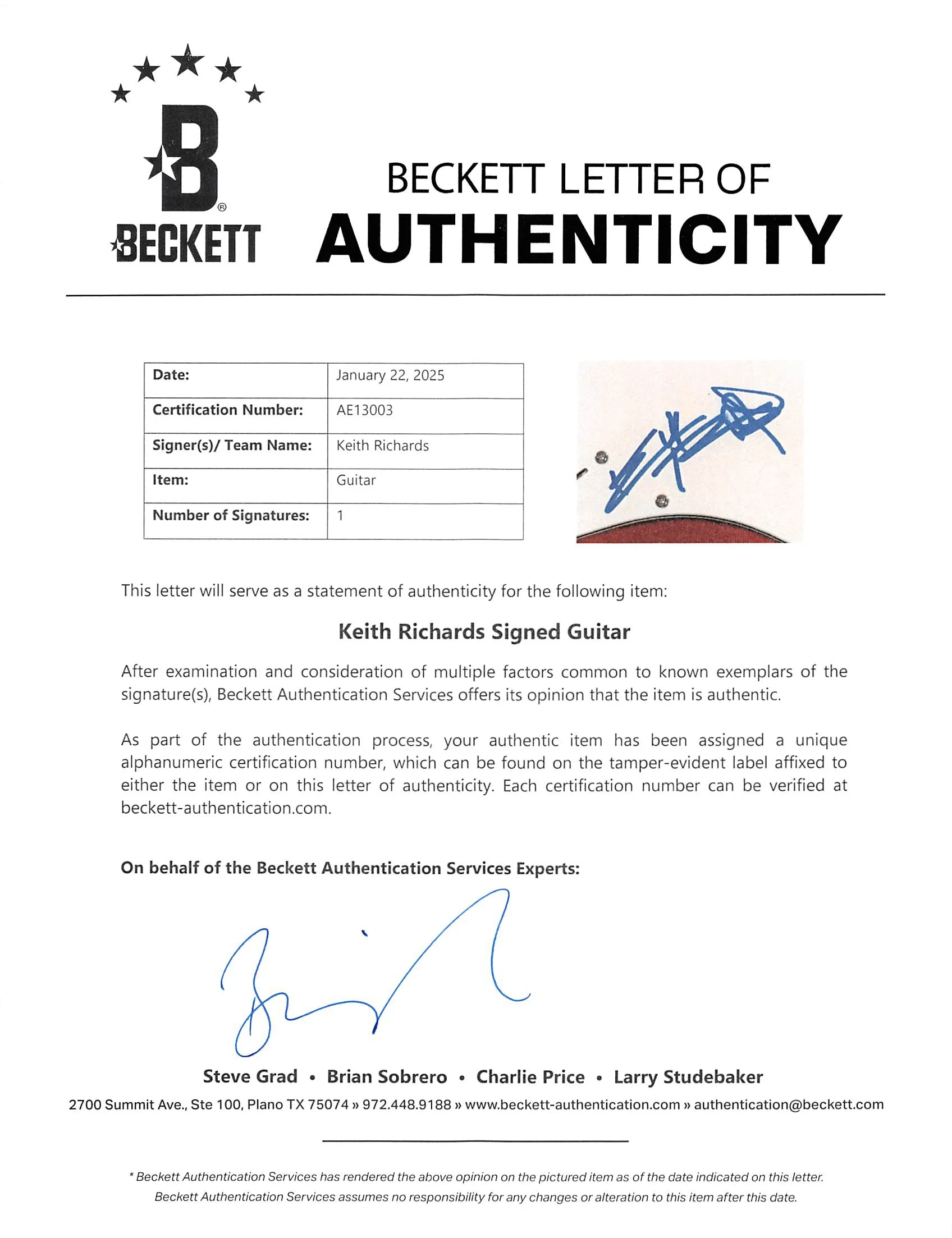 Keith Richards Rolling Stones Authentic Signed Red Electric Guitar BAS #AE13003 - Image 7
