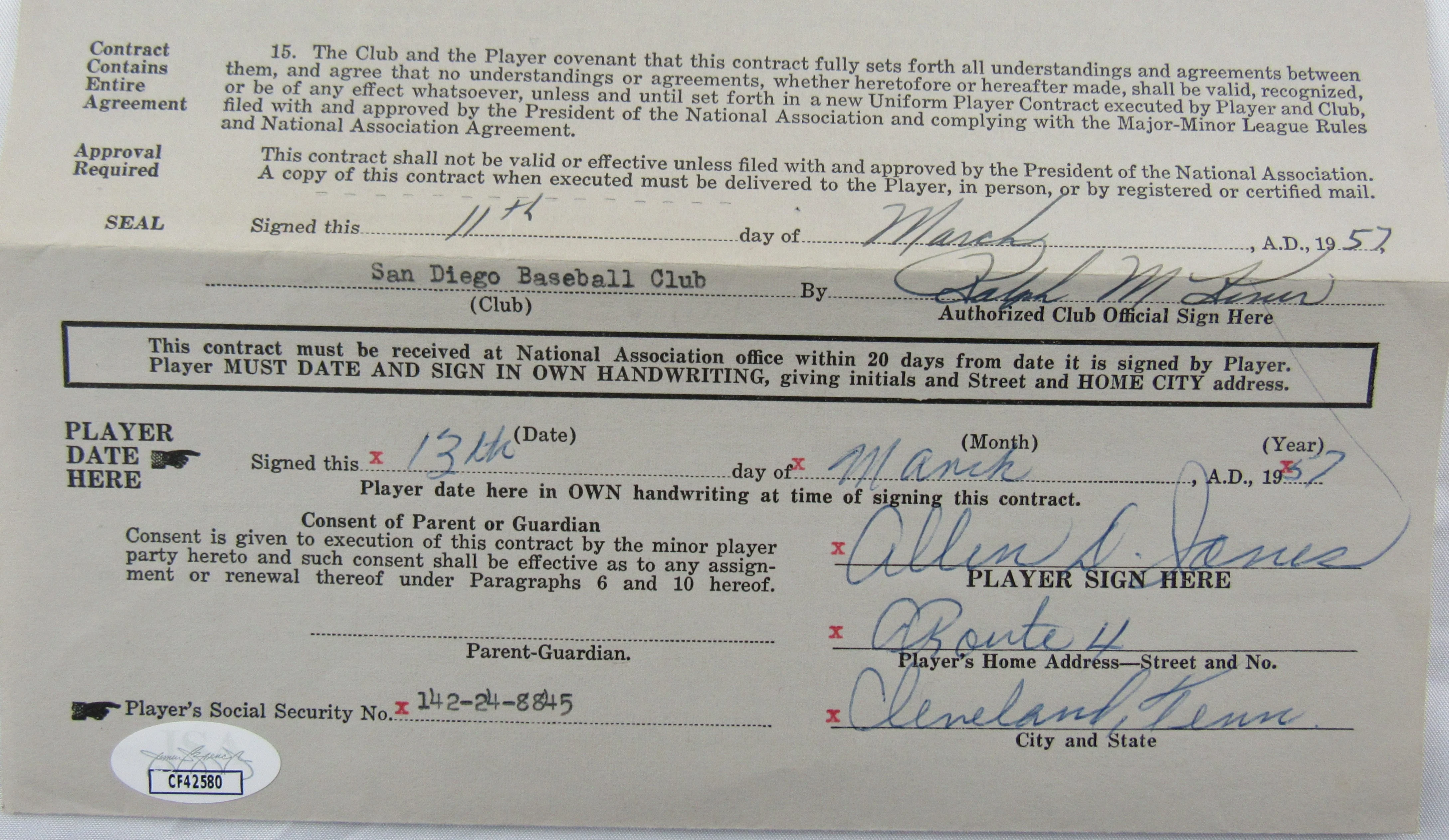 Ralph Kiner Signed Auto Contract JSA CF42580 - Image 2
