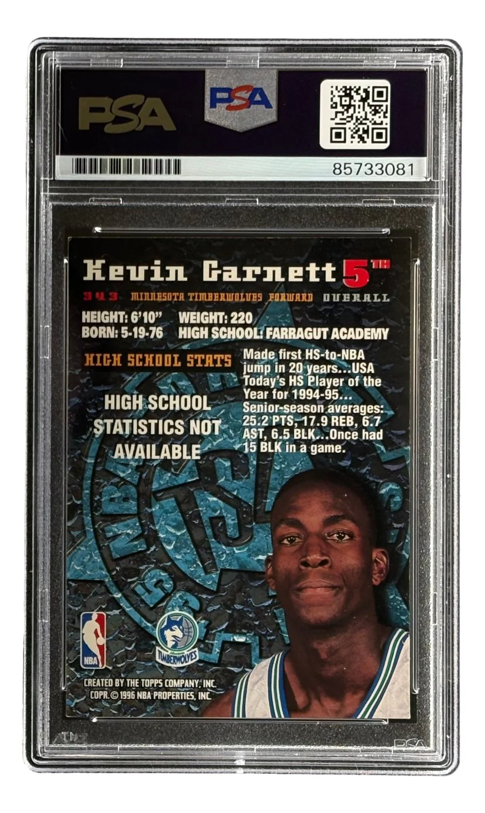 Kevin Garnett Signed 1995/96 Topps #343 Timberwolves Rookie Card PSA/DNA - Image 2