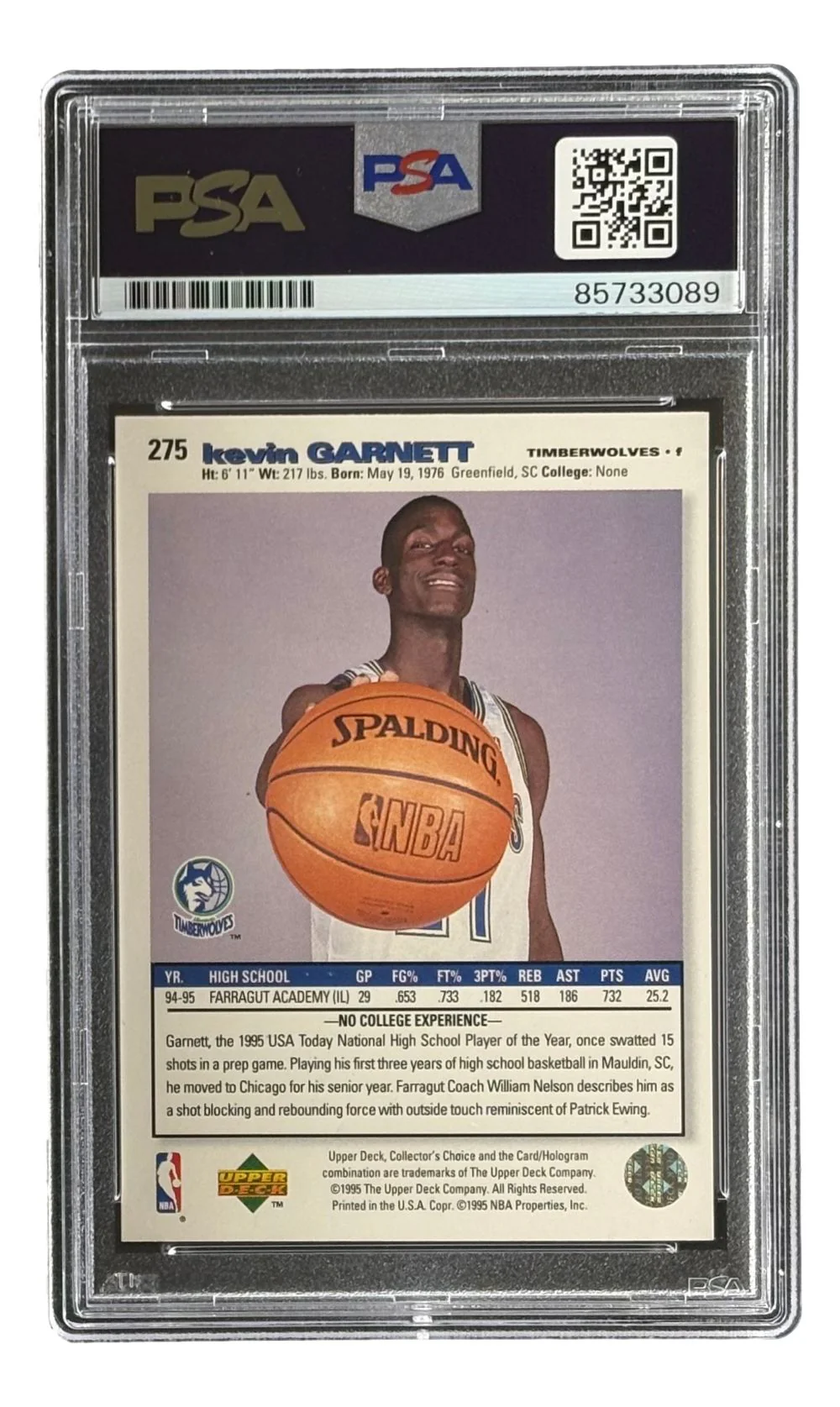 Kevin Garnett Signed 1995/96 Upper Deck #275 Timberwolves Rookie Card PSA/DNA - Image 2