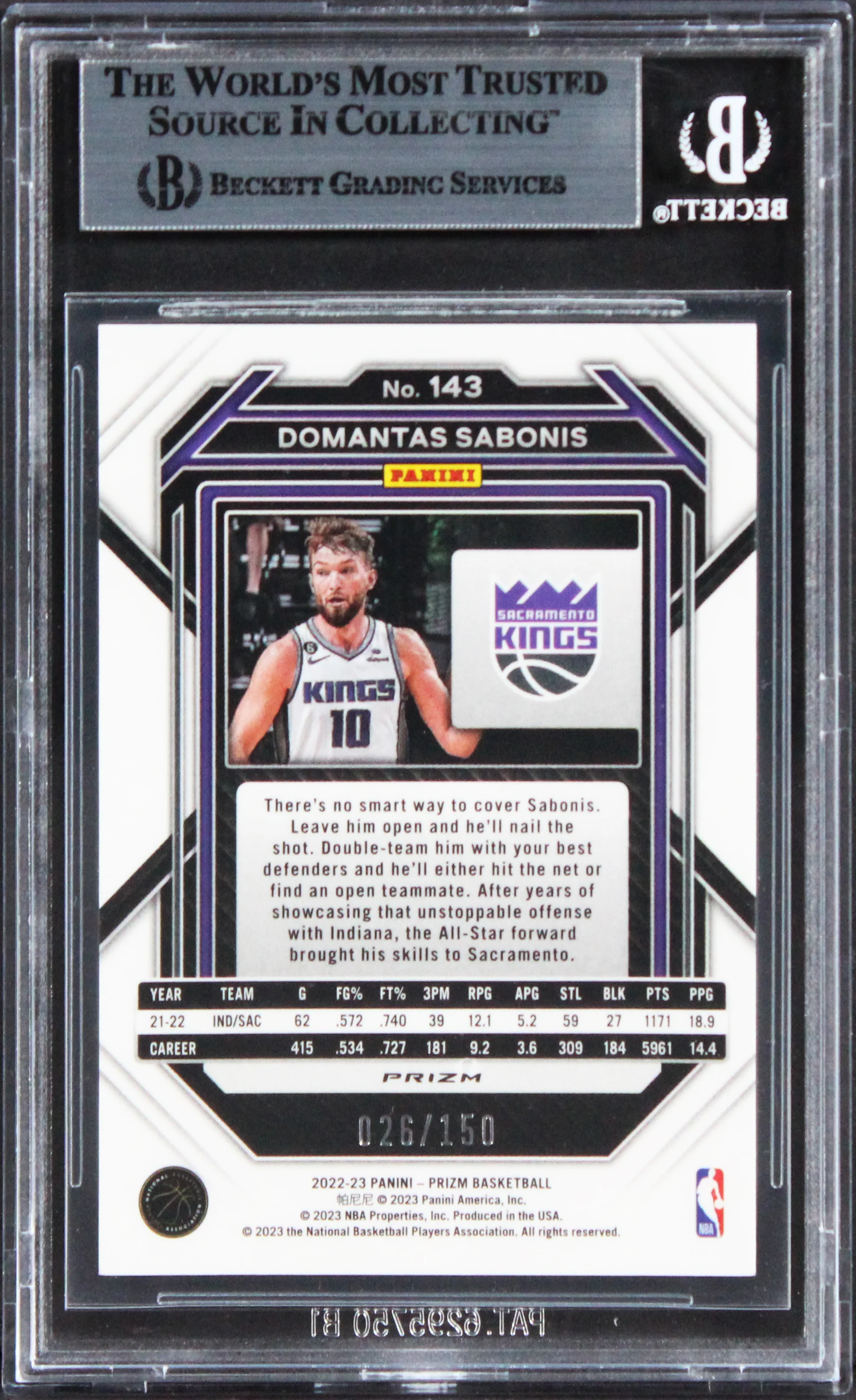 Kings Domantas Sabonis Signed 2022 Panini Prizm Premium FS #143 Card BAS Slabbed - Image 3