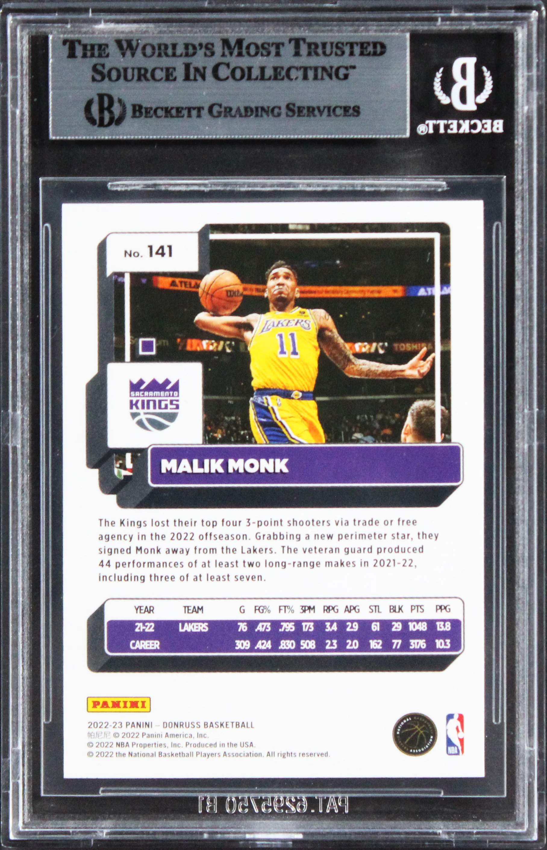Kings Malik Monk Authentic Signed 2022 Donruss #141 Card BAS Slabbed - Image 3