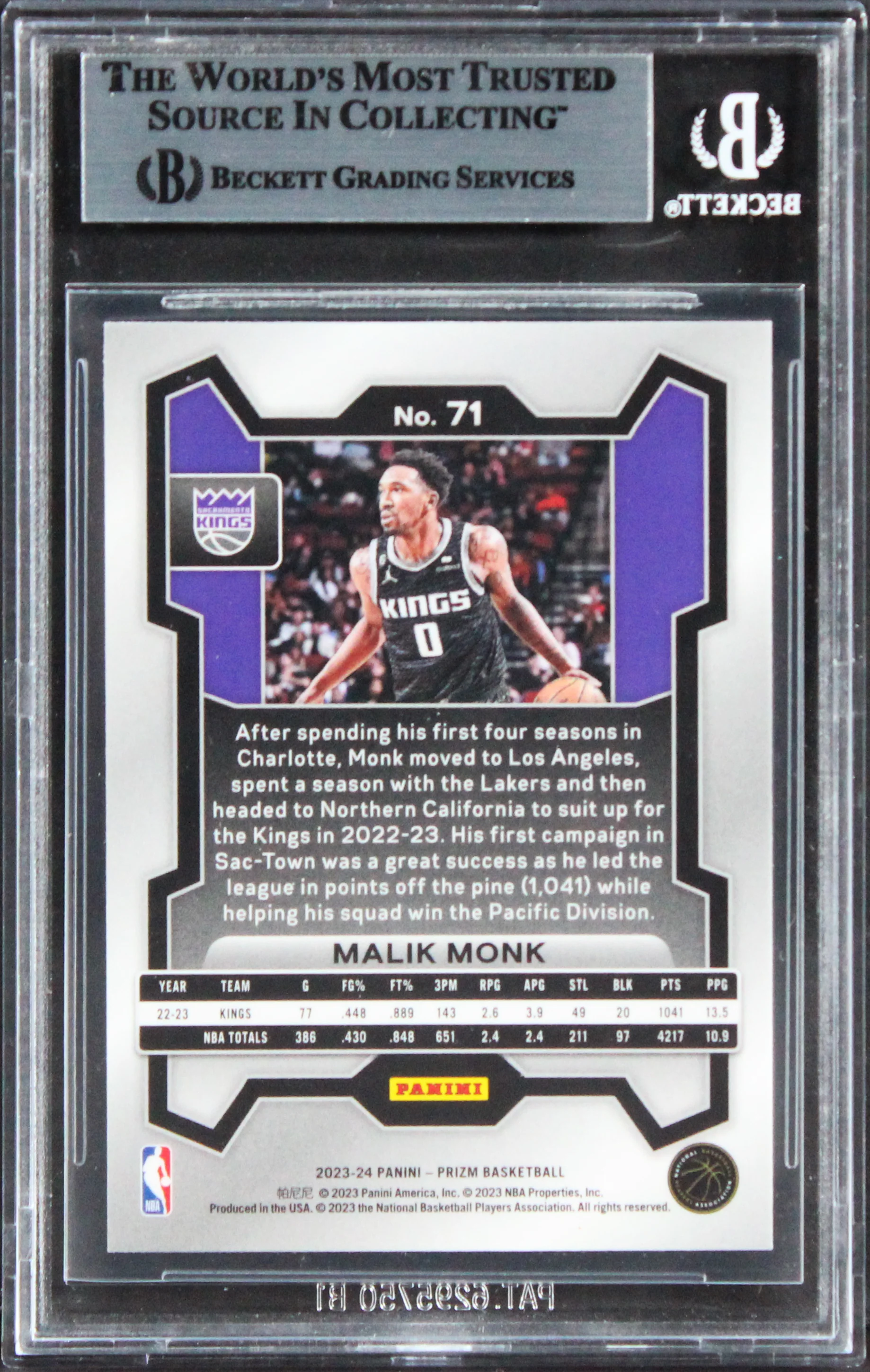Kings Malik Monk Authentic Signed 2023 Panini Prizm #71 Card BAS Slabbed - Image 3