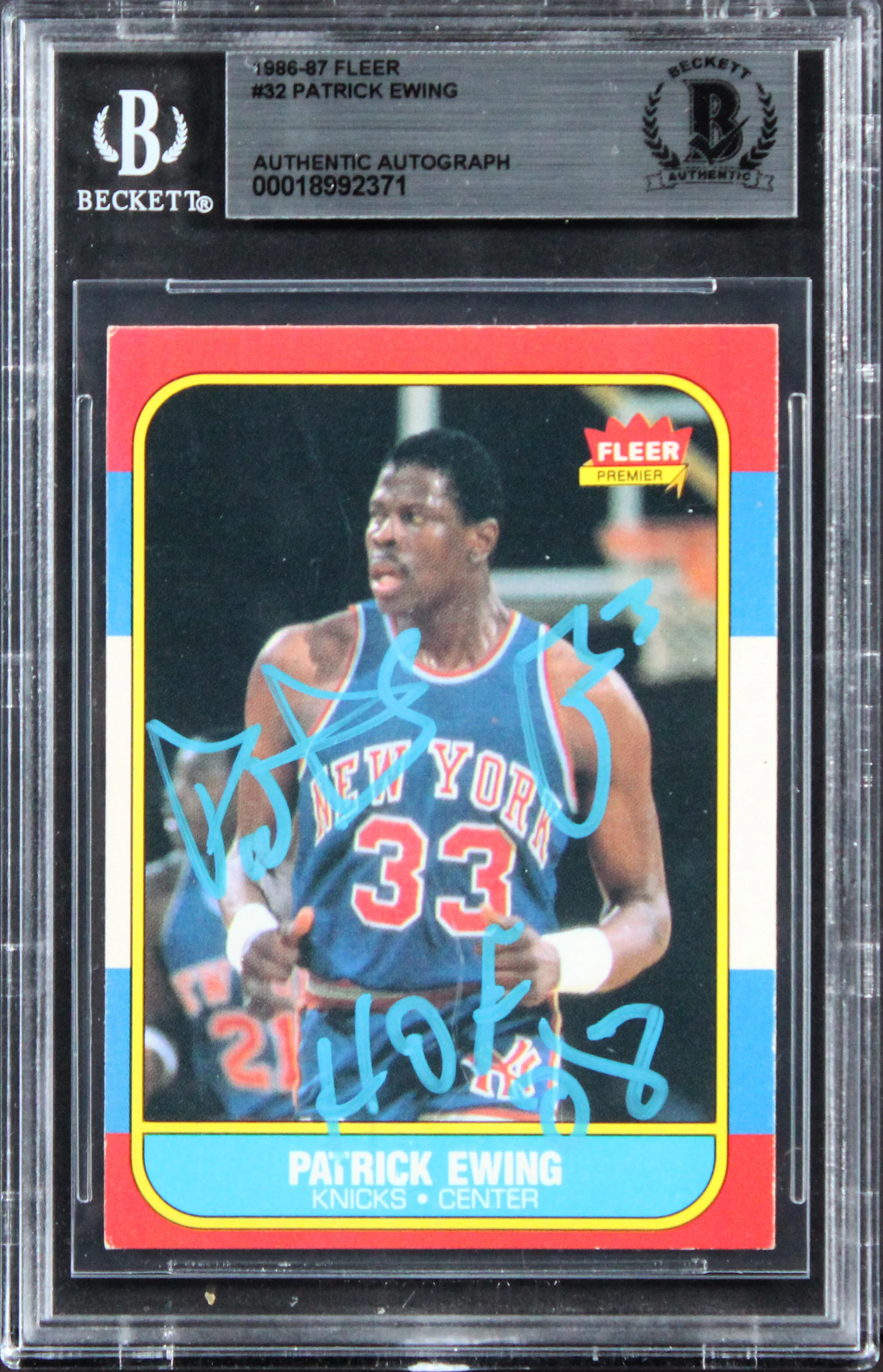 Knicks Patrick Ewing "HOF 08" Authentic Signed 1986 Fleer #32 Card BAS Slabbed 3 - Image 2