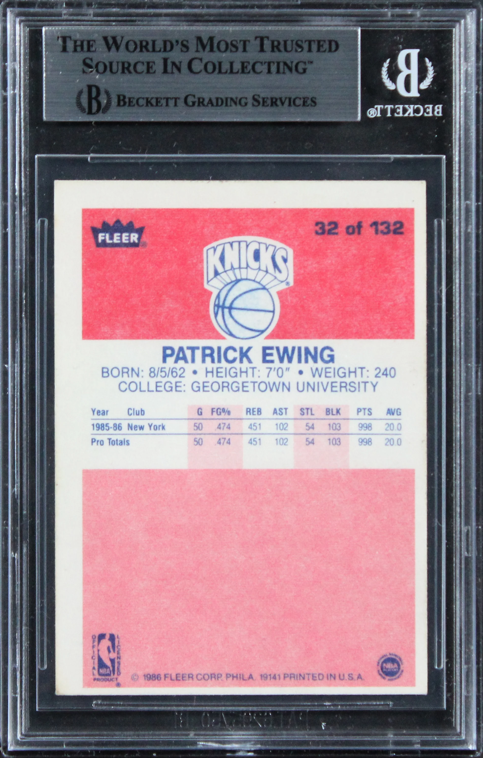 Knicks Patrick Ewing "HOF 08" Authentic Signed 1986 Fleer #32 Card BAS Slabbed 3 - Image 3