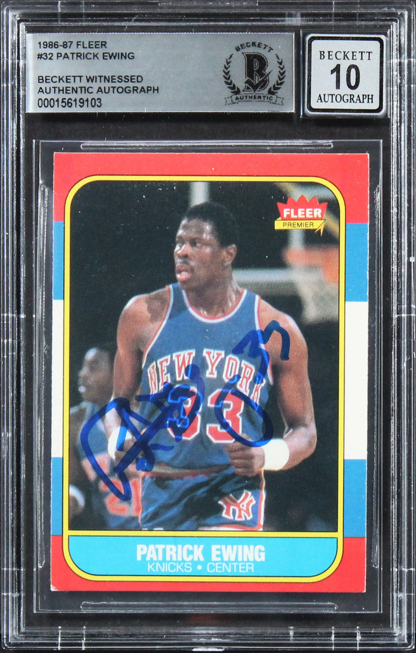 Knicks Patrick Ewing Signed 1986 Fleer #32 RC Card Auto Graded 10! BAS Slabbed 1 - Image 2
