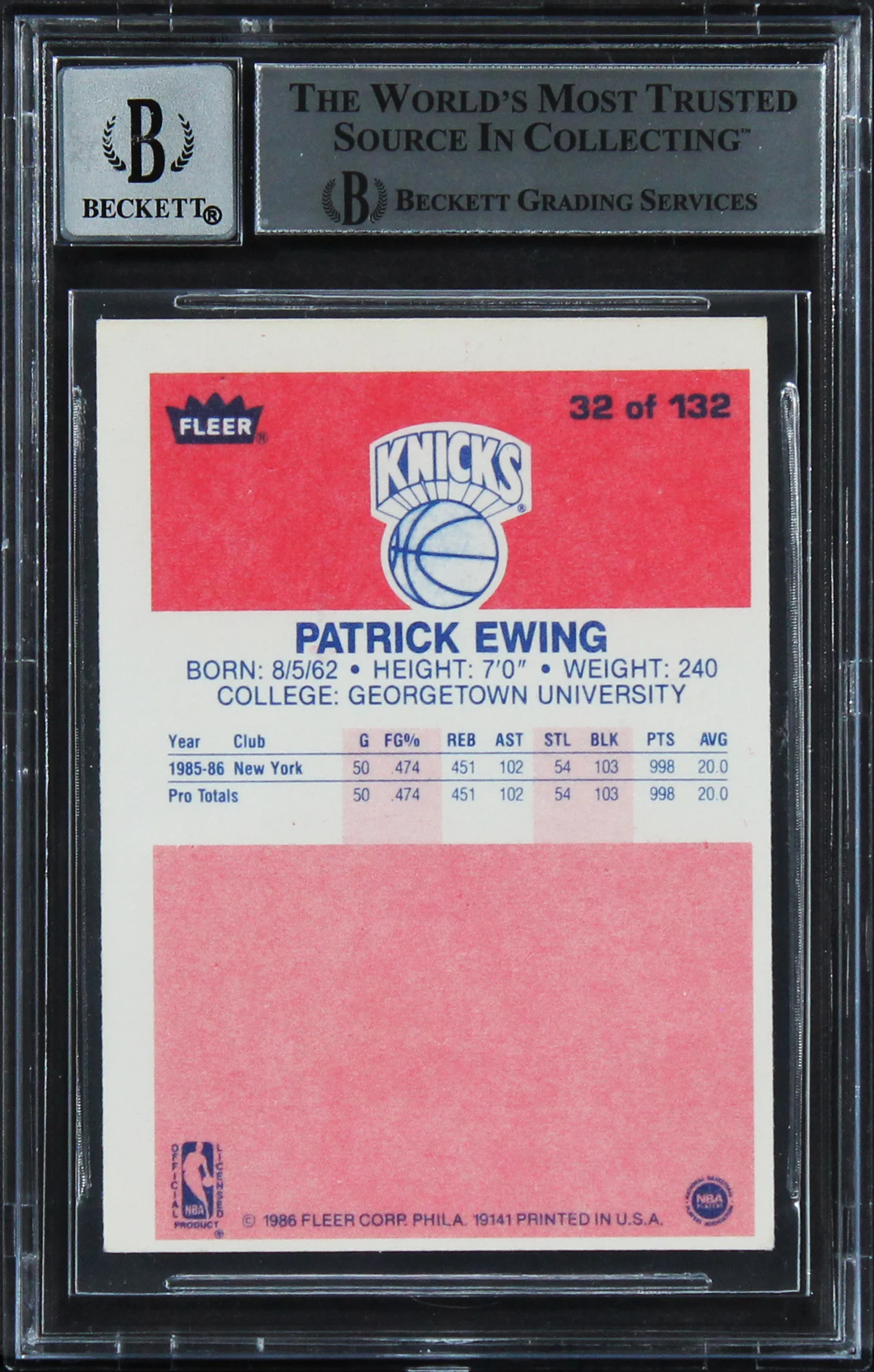 Knicks Patrick Ewing Signed 1986 Fleer #32 RC Card Auto Graded 10! BAS Slabbed 1 - Image 3
