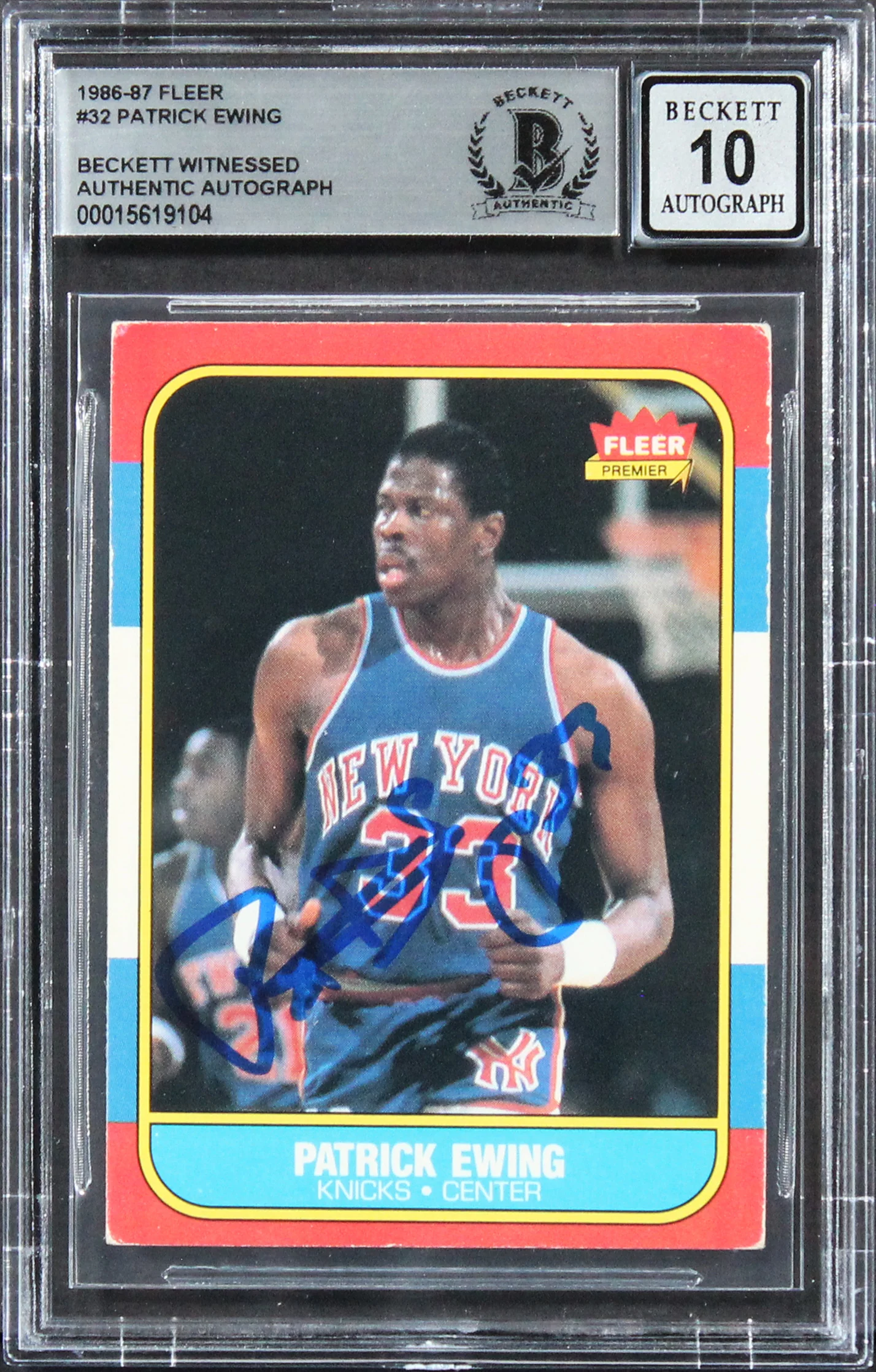 Knicks Patrick Ewing Signed 1986 Fleer #32 RC Card Auto Graded 10! BAS Slabbed 2 - Image 2