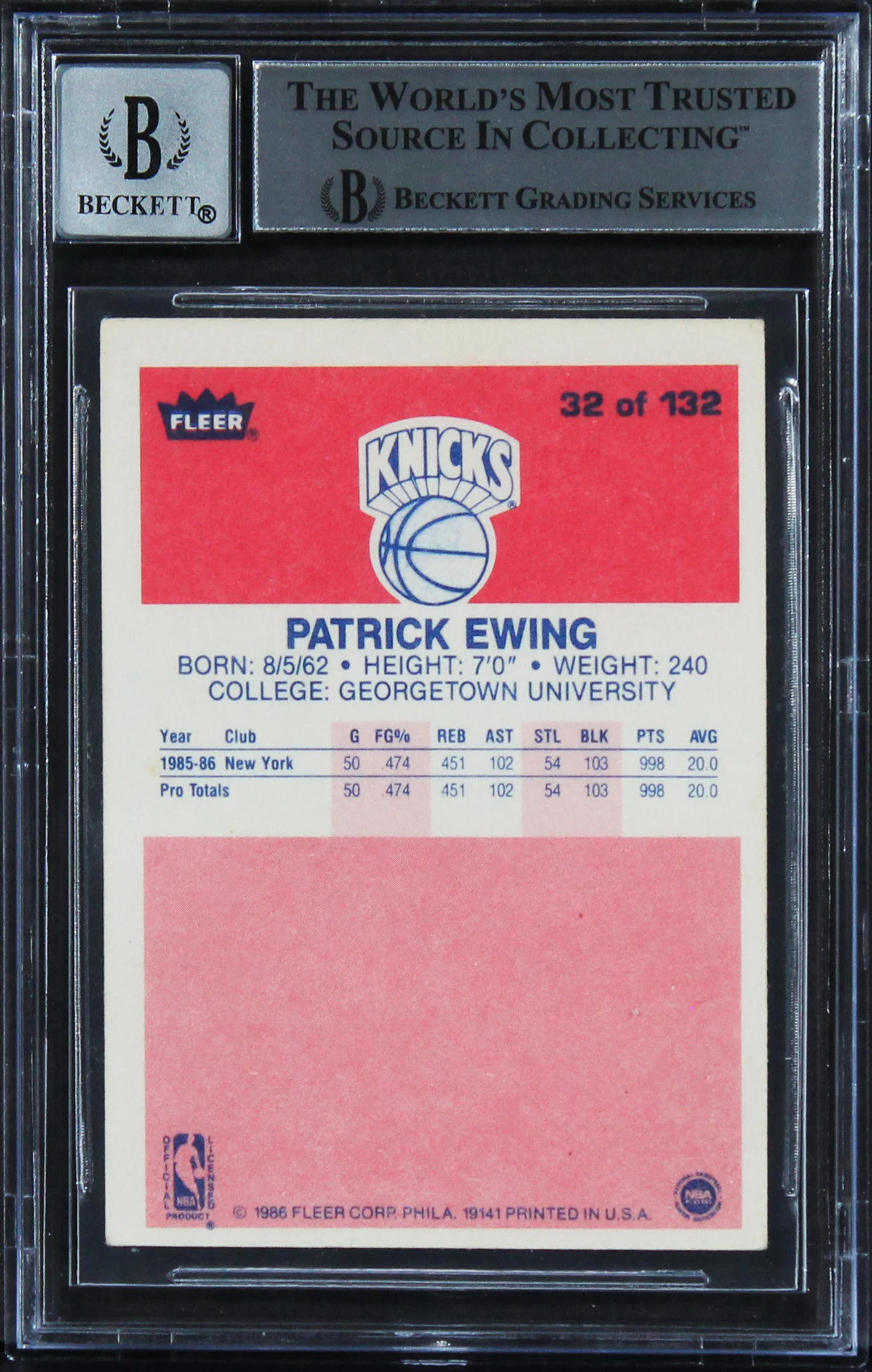 Knicks Patrick Ewing Signed 1986 Fleer #32 RC Card Auto Graded 10! BAS Slabbed 2 - Image 3