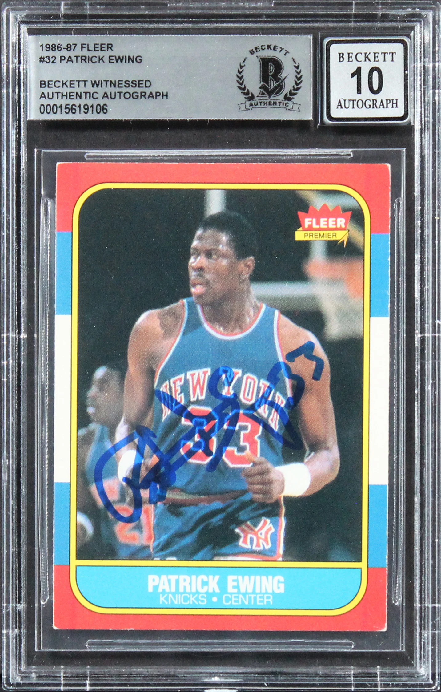 Knicks Patrick Ewing Signed 1986 Fleer #32 RC Card Auto Graded 10! BAS Slabbed 3 - Image 2