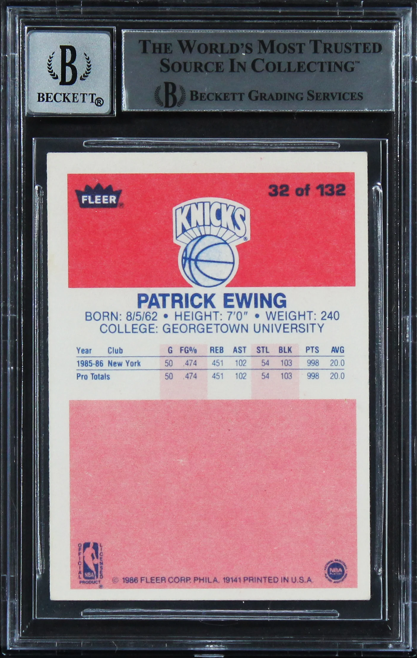 Knicks Patrick Ewing Signed 1986 Fleer #32 RC Card Auto Graded 10! BAS Slabbed 3 - Image 3