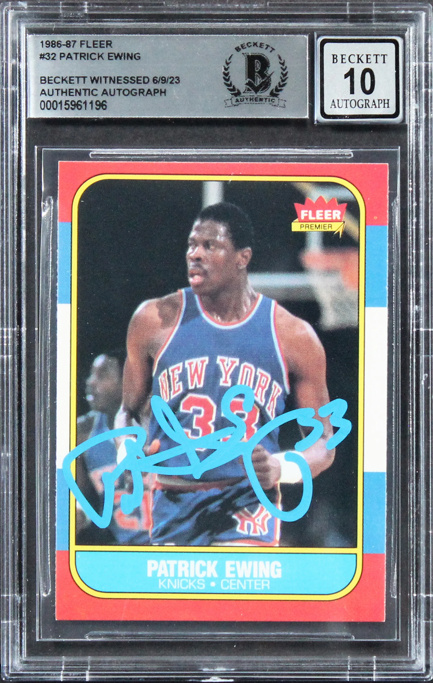 Knicks Patrick Ewing Signed 1986 Fleer #32 Rookie Card Auto 10! BAS Slabbed - Image 2