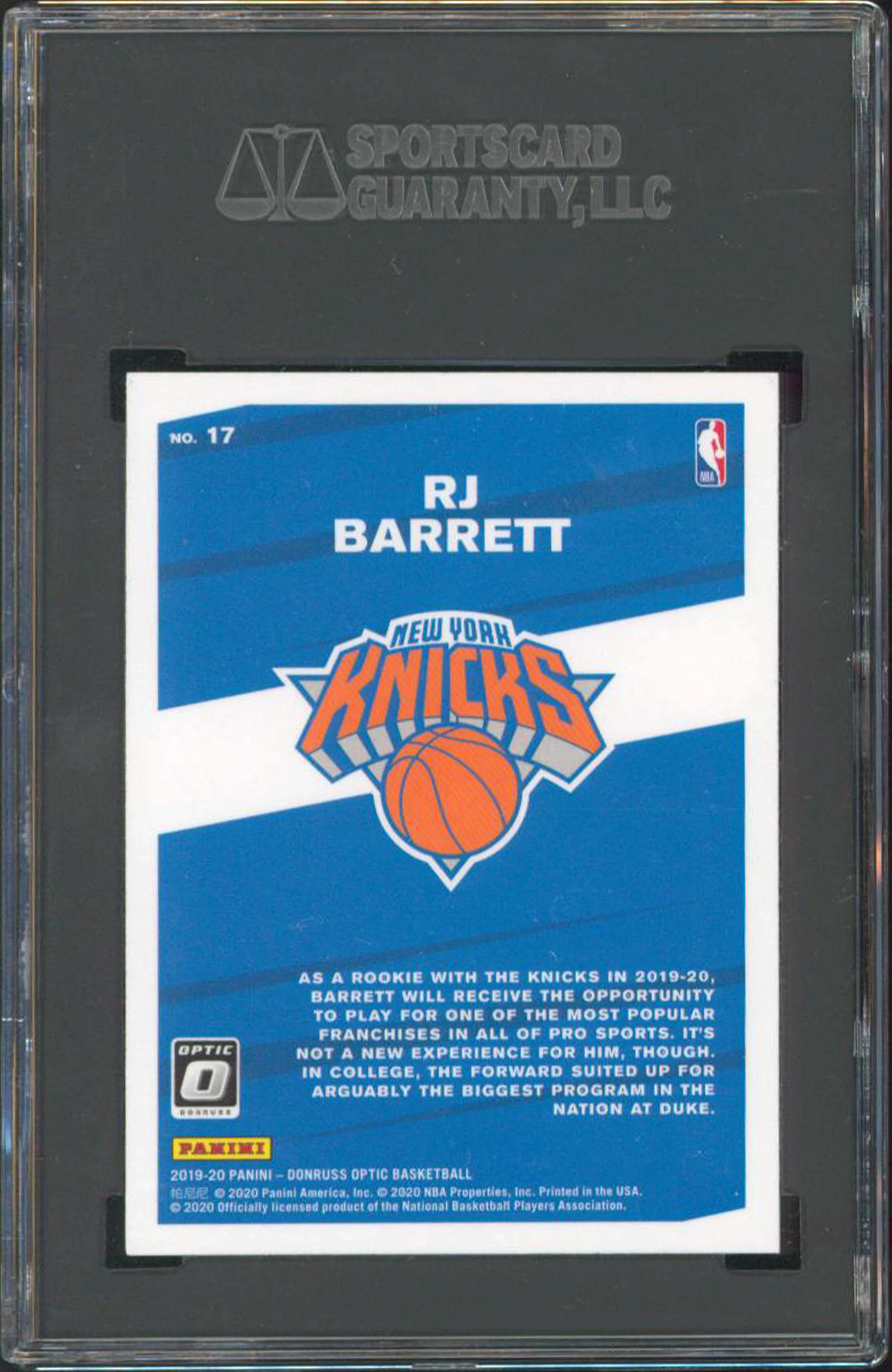 Knicks R.J. Barrett 2019 Donruss Optic #17 My House! Rookie Card Graded 9.5! SGC - Image 3