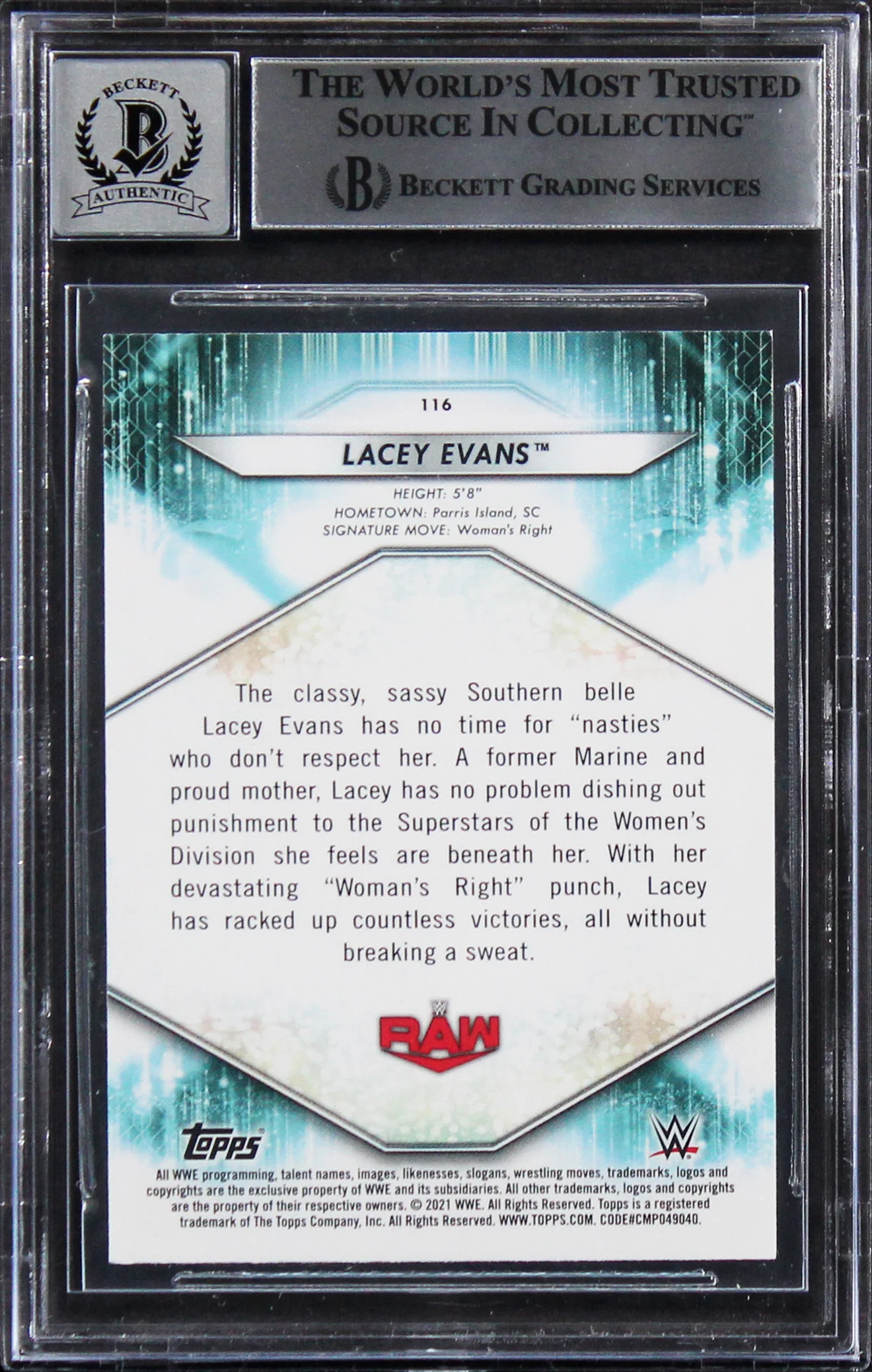 Lacey Evans Signed 2021 Topps WWE #116 Card Auto Graded Gem Mint 10! BAS Slabbed - Image 3